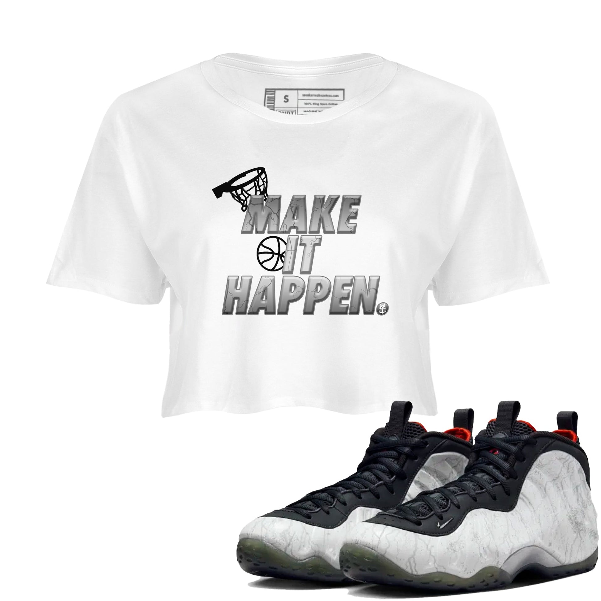 Foams One Jin shirts to match jordans Make It Happen sneaker match tees Air Foamposite One Jin match shoes to clothes SNRT Sneaker Tees unisex cotton White 1 crop tee