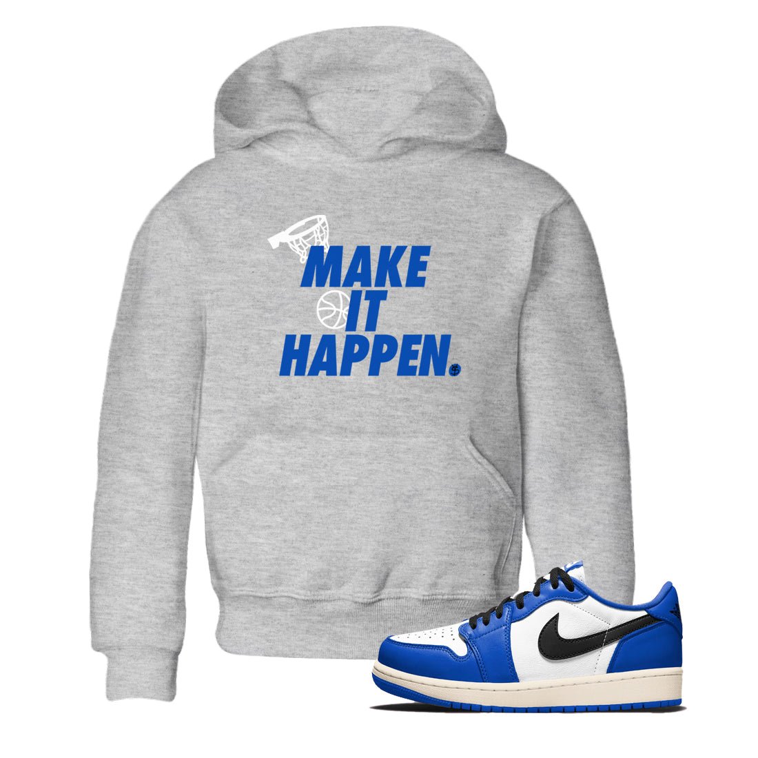 1s Game Royal shirts to match jordans Make It Happen sneaker match tees Air Jordan 1 Retro Low OG Game Royal match shoes to clothes SNRT Sneaker Tees Youth Baby Heather Grey 1 tee