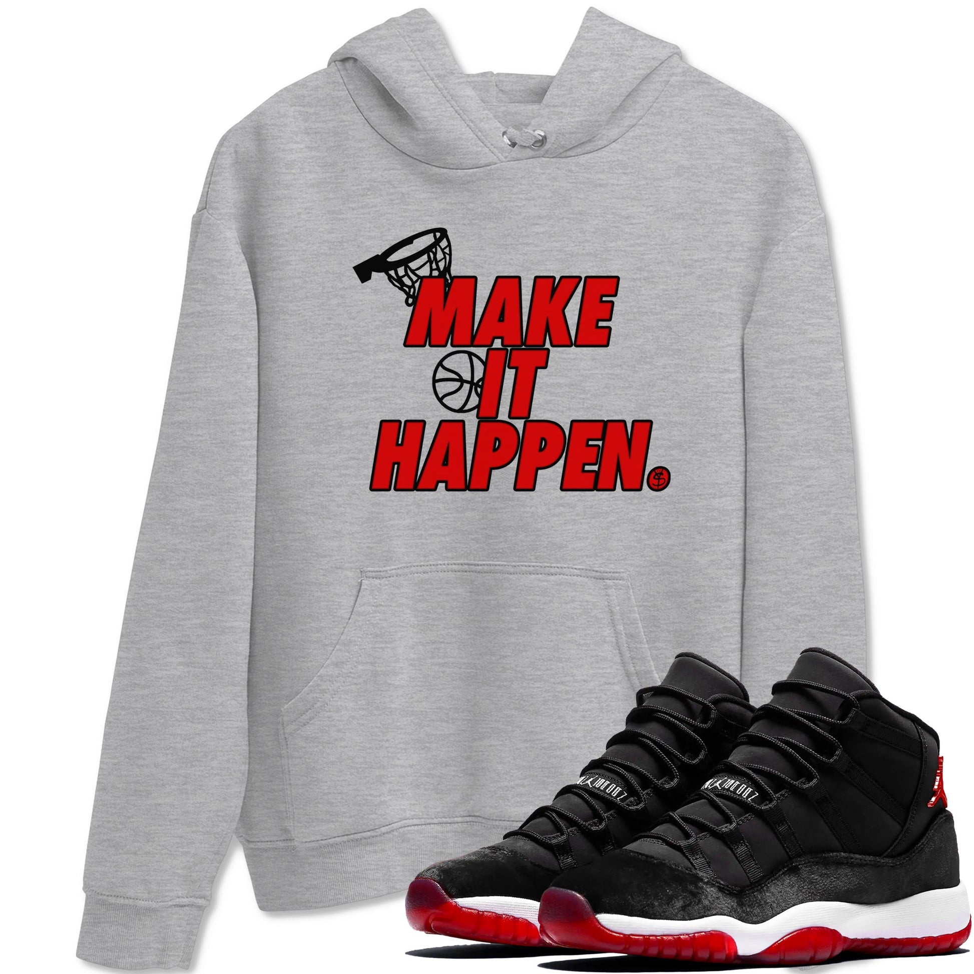 11s Bred Velvet shirts to match jordans Make It Happen sneaker match tees Air Jordan 11 Retro Bred Velvet match shoes to clothes SNRT Sneaker Tees unisex cotton Heather Grey 1 shirts