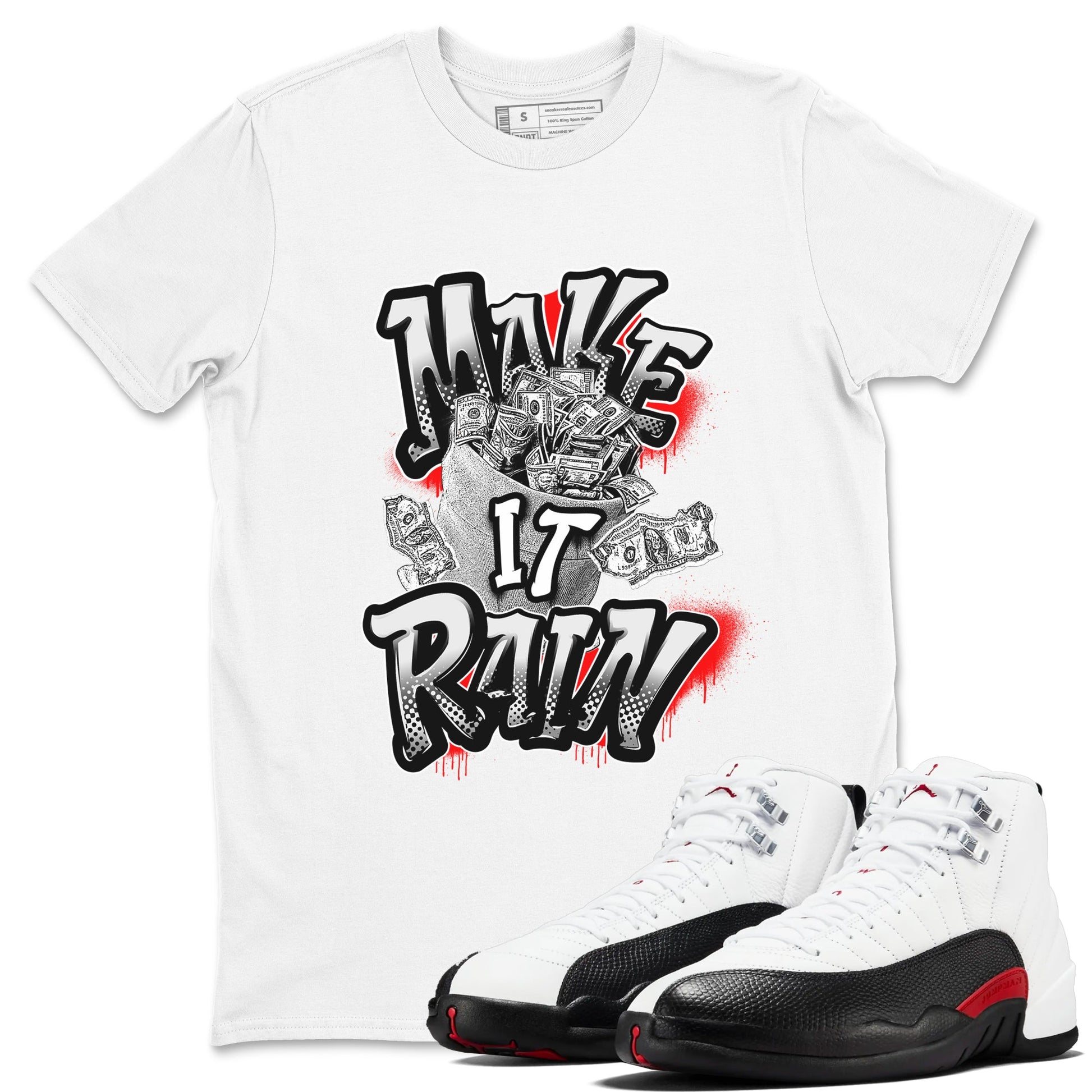 12s Taxi Flip shirts to match jordans Make It Rain Money sneaker match tees Air Jordan 12 Taxi Flip SNRT Sneaker Tees streetwear brand White 1 unisex cotton tee