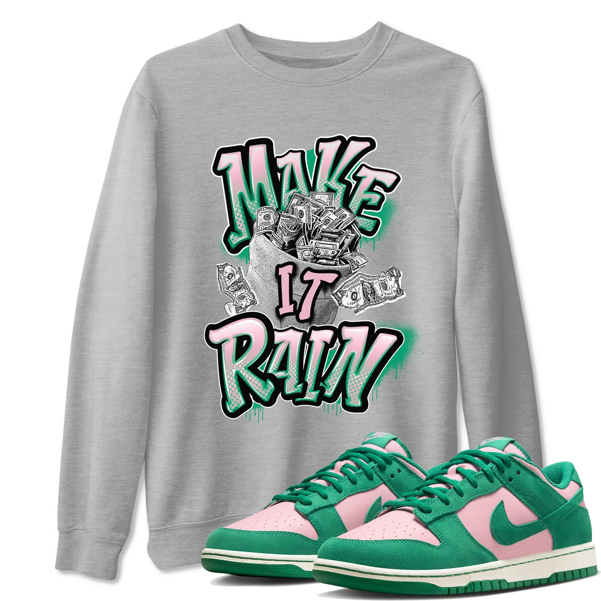 Dunk Low Medium Soft Pink Malachite shirt to match jordans Make It Rain Money sneaker tees Dunk Medium Soft Pink Malachite SNRT Sneaker Release Tees unisex cotton Heather Grey 1 crew neck shirt