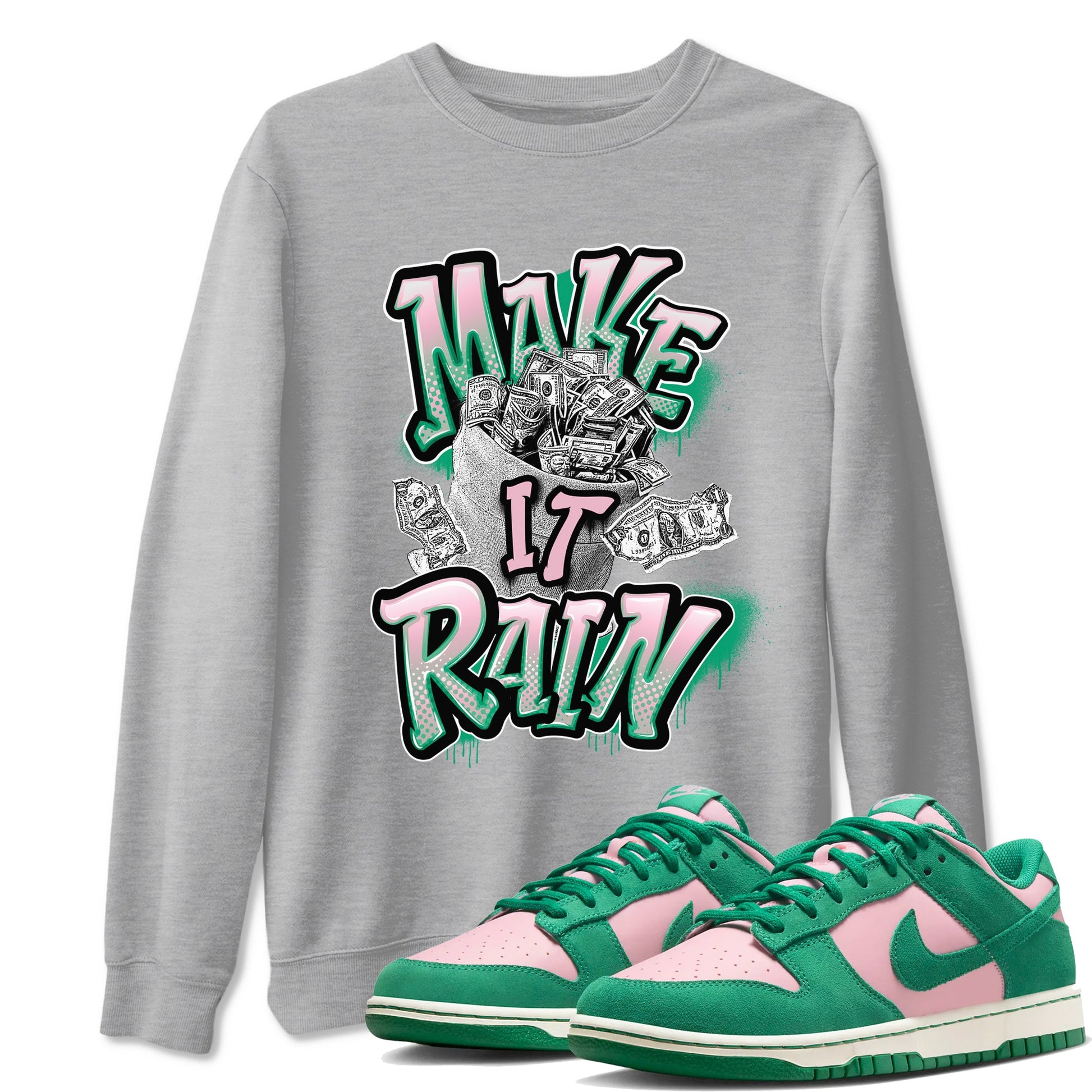 Dunk Low Medium Soft Pink Malachite shirt to match jordans Make It Rain Money sneaker tees Dunk Medium Soft Pink Malachite SNRT Sneaker Release Tees unisex cotton Heather Grey 1 crew neck shirt