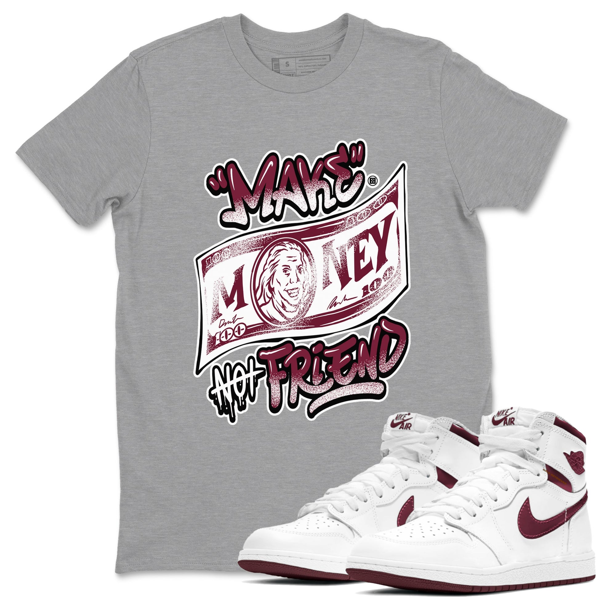 Air Jordan 1 High OG Metallic Burgundy shirts to match jordans Make Money Not Friends sneaker match tees Air Jordan 1 Metallic Burgundy SNRT Sneaker Tees streetwear brand Heather Grey 1 unisex cotton tee