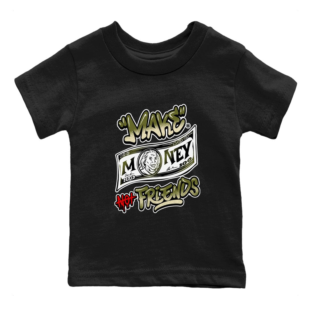 1s Travis Scott Medium Olive shirts to match jordans Make Money Not Friends sneaker match tees Air Jordan 1 Travis Scott Medium Olive SNRT Sneaker Tees streetwear brand Baby and Youth Black 2 cotton tee