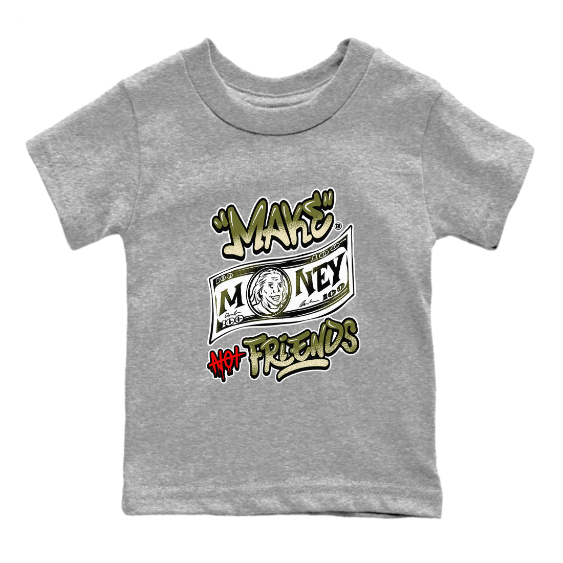 1s Travis Scott Medium Olive shirts to match jordans Make Money Not Friends sneaker match tees Air Jordan 1 Travis Scott Medium Olive SNRT Sneaker Tees streetwear brand Baby and Youth Heather Grey 2 cotton tee