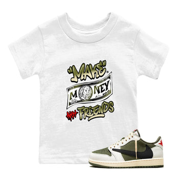 1s Travis Scott Medium Olive shirts to match jordans Make Money Not Friends sneaker match tees Air Jordan 1 Travis Scott Medium Olive SNRT Sneaker Tees streetwear brand Baby and Youth White 1 cotton tee