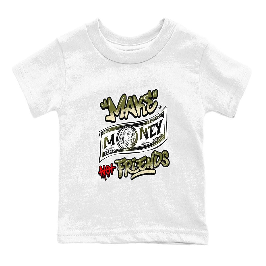 1s Travis Scott Medium Olive shirts to match jordans Make Money Not Friends sneaker match tees Air Jordan 1 Travis Scott Medium Olive SNRT Sneaker Tees streetwear brand Baby and Youth White 2 cotton tee