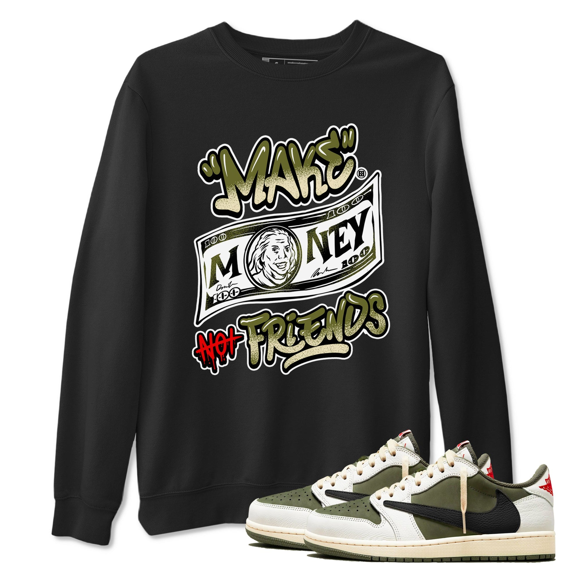 1s Travis Scott Medium Olive shirts to match jordans Make Money Not Friends sneaker match tees Air Jordan 1 Travis Scott Medium Olive SNRT Sneaker Tees streetwear brand Black 1 unisex cotton tee