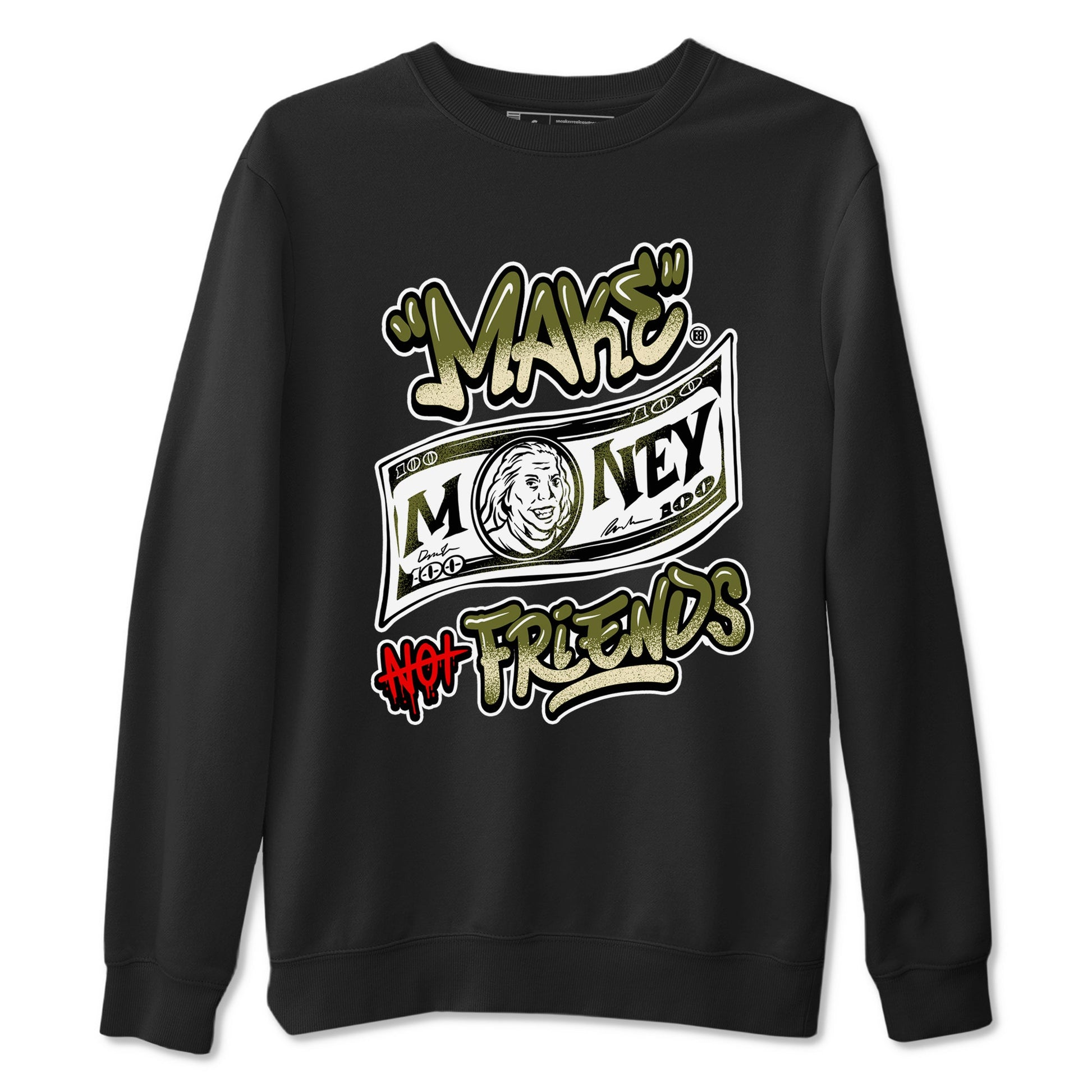 1s Travis Scott Medium Olive shirts to match jordans Make Money Not Friends sneaker match tees Air Jordan 1 Travis Scott Medium Olive SNRT Sneaker Tees streetwear brand Black 2 unisex cotton tee