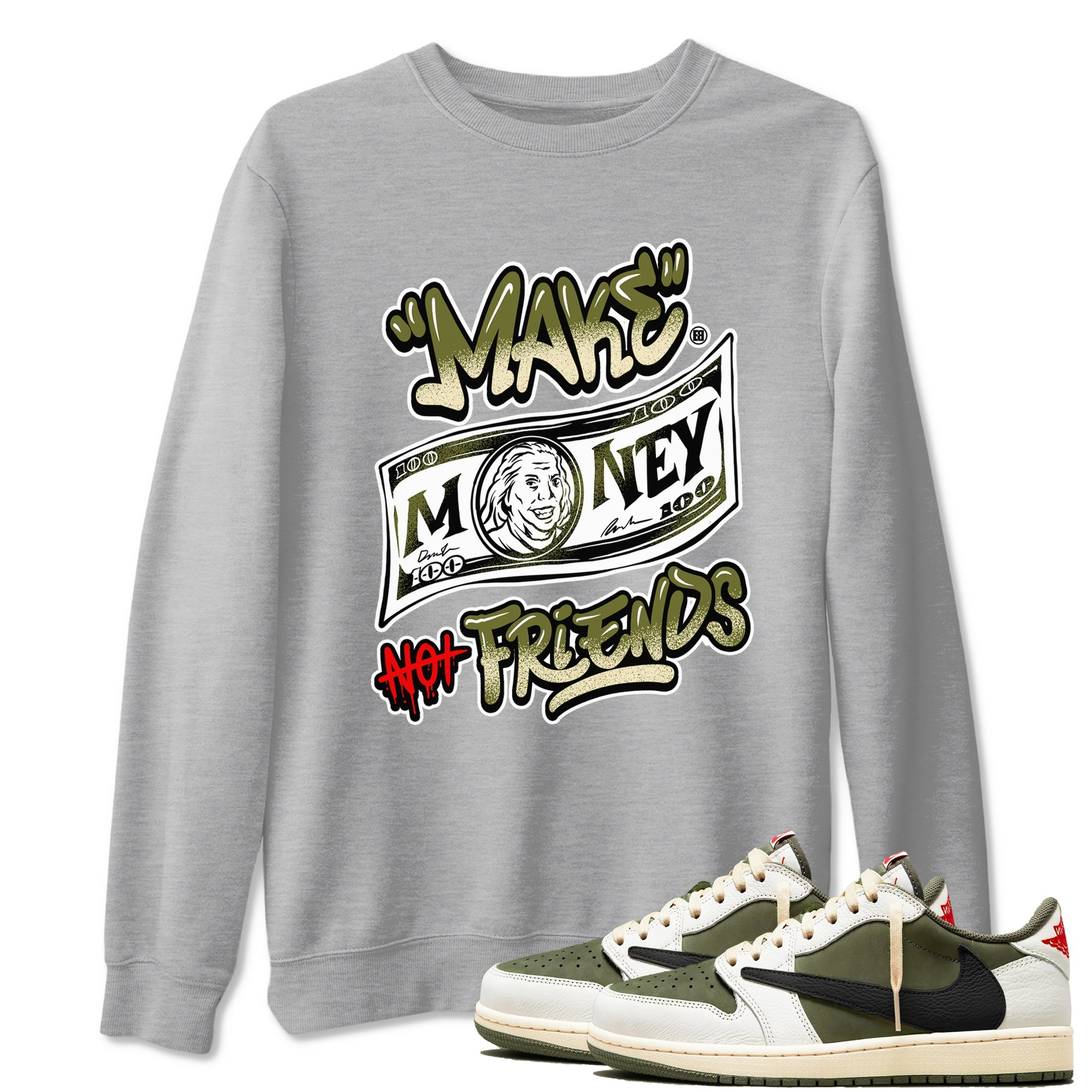 1s Travis Scott Medium Olive shirts to match jordans Make Money Not Friends sneaker match tees Air Jordan 1 Travis Scott Medium Olive SNRT Sneaker Tees streetwear brand Heather Grey 1 unisex cotton tee