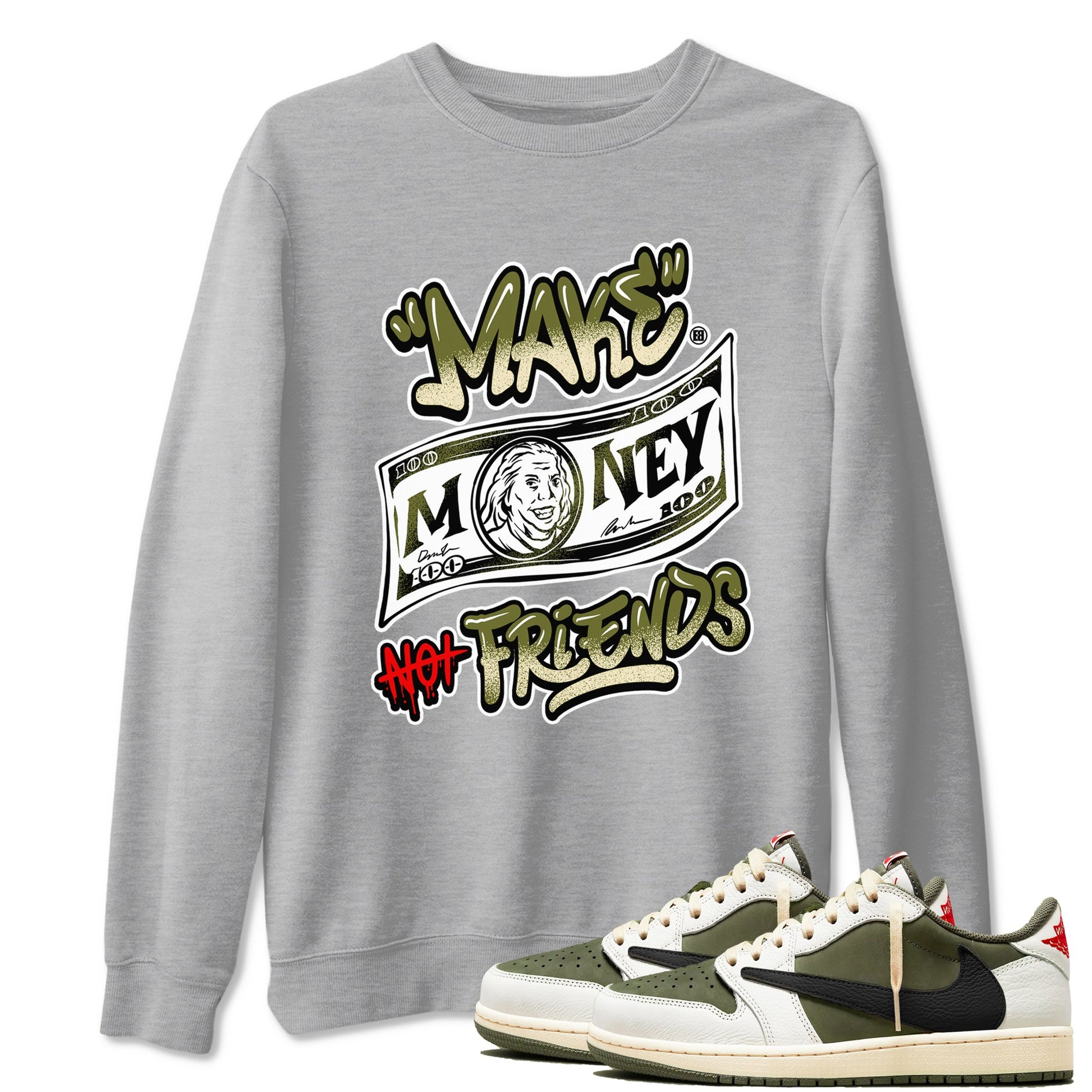 1s Travis Scott Medium Olive shirts to match jordans Make Money Not Friends sneaker match tees Air Jordan 1 Travis Scott Medium Olive SNRT Sneaker Tees streetwear brand Heather Grey 1 unisex cotton tee