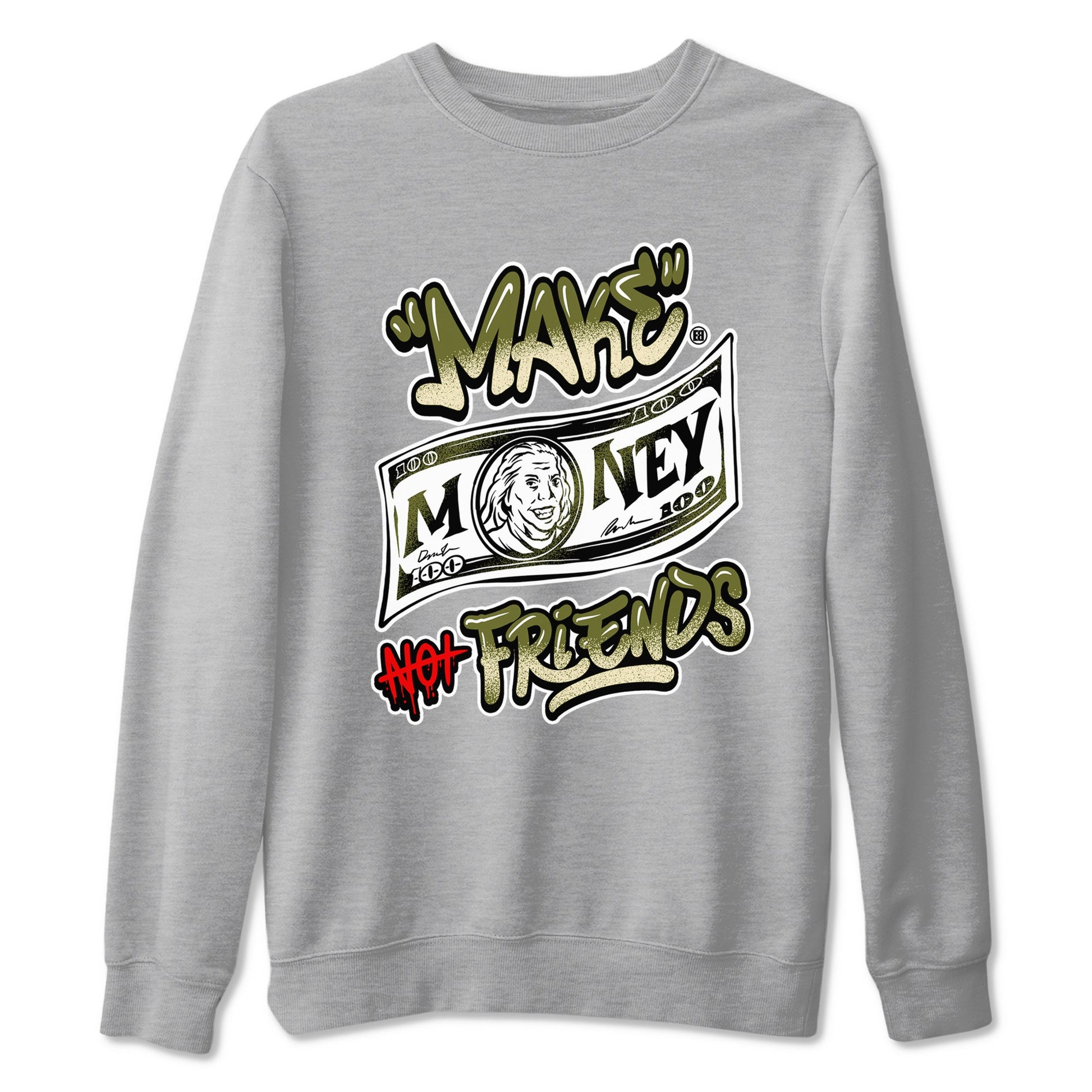 1s Travis Scott Medium Olive shirts to match jordans Make Money Not Friends sneaker match tees Air Jordan 1 Travis Scott Medium Olive SNRT Sneaker Tees streetwear brand Heather Grey 2 unisex cotton tee