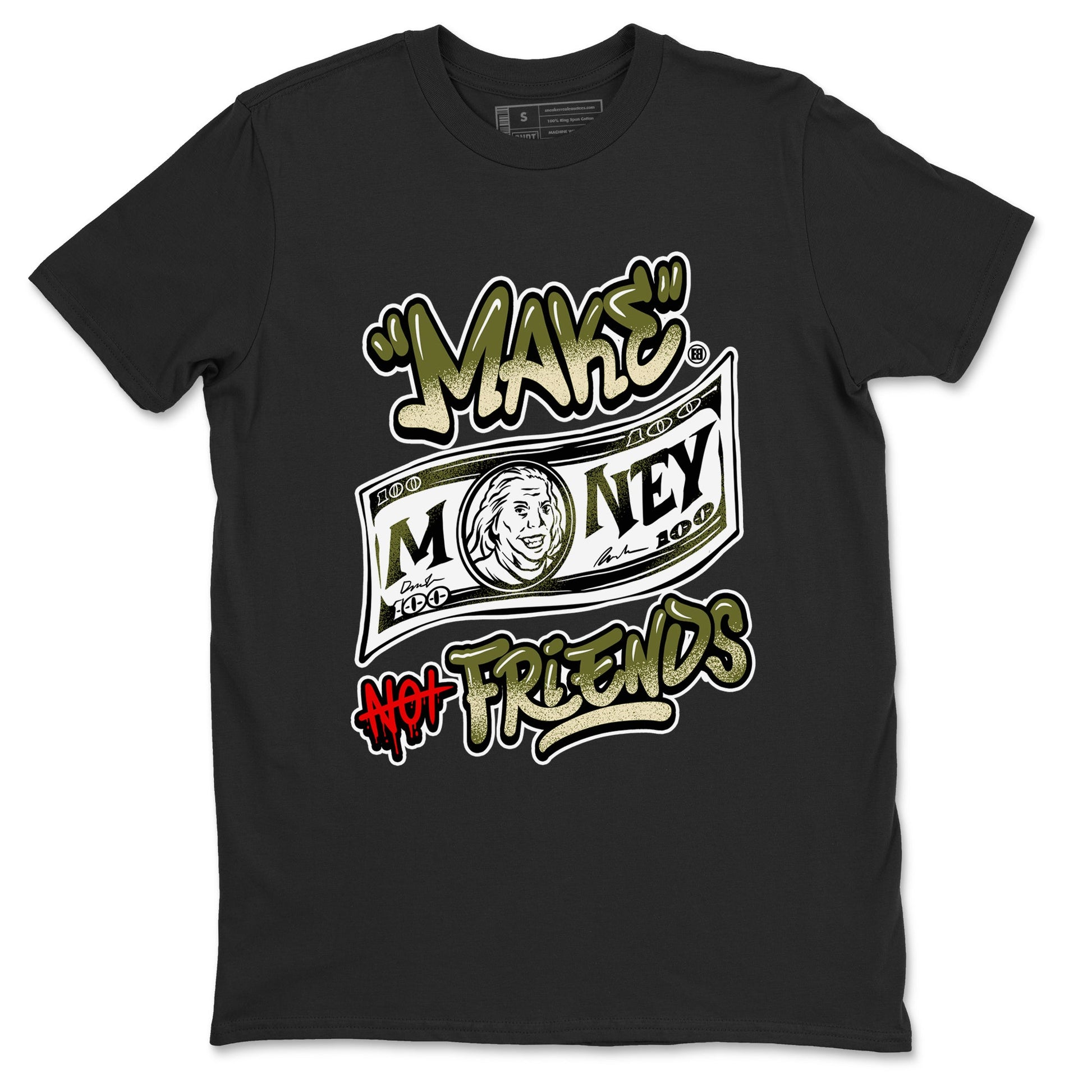 1s Travis Scott Medium Olive shirts to match jordans Make Money Not Friends sneaker match tees Air Jordan 1 Travis Scott Medium Olive SNRT Sneaker Tees streetwear brand Black 2 unisex cotton tee