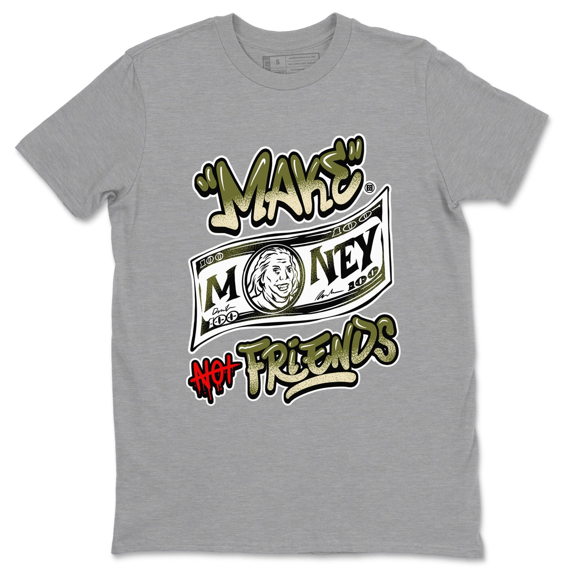 1s Travis Scott Medium Olive shirts to match jordans Make Money Not Friends sneaker match tees Air Jordan 1 Travis Scott Medium Olive SNRT Sneaker Tees streetwear brand Heather Grey 2 unisex cotton tee