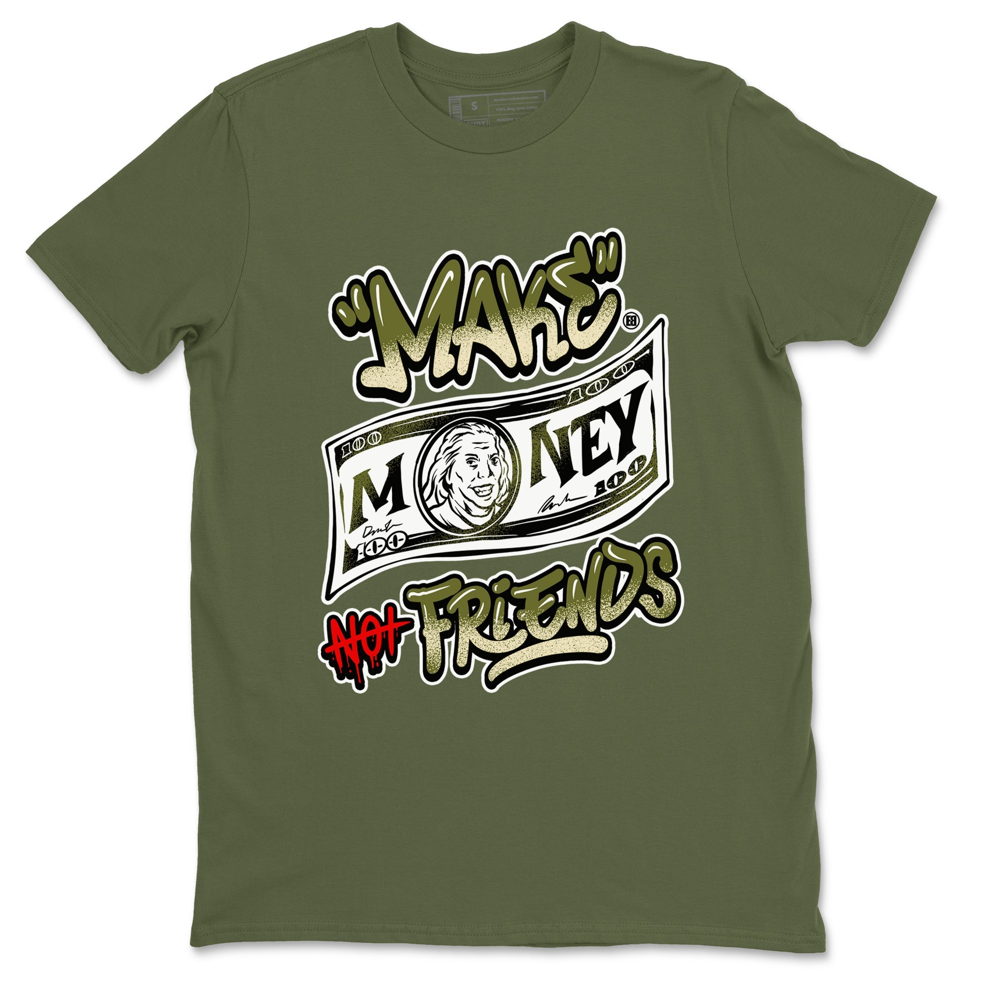 1s Travis Scott Medium Olive shirts to match jordans Make Money Not Friends sneaker match tees Air Jordan 1 Travis Scott Medium Olive SNRT Sneaker Tees streetwear brand Military Green 2 unisex cotton tee