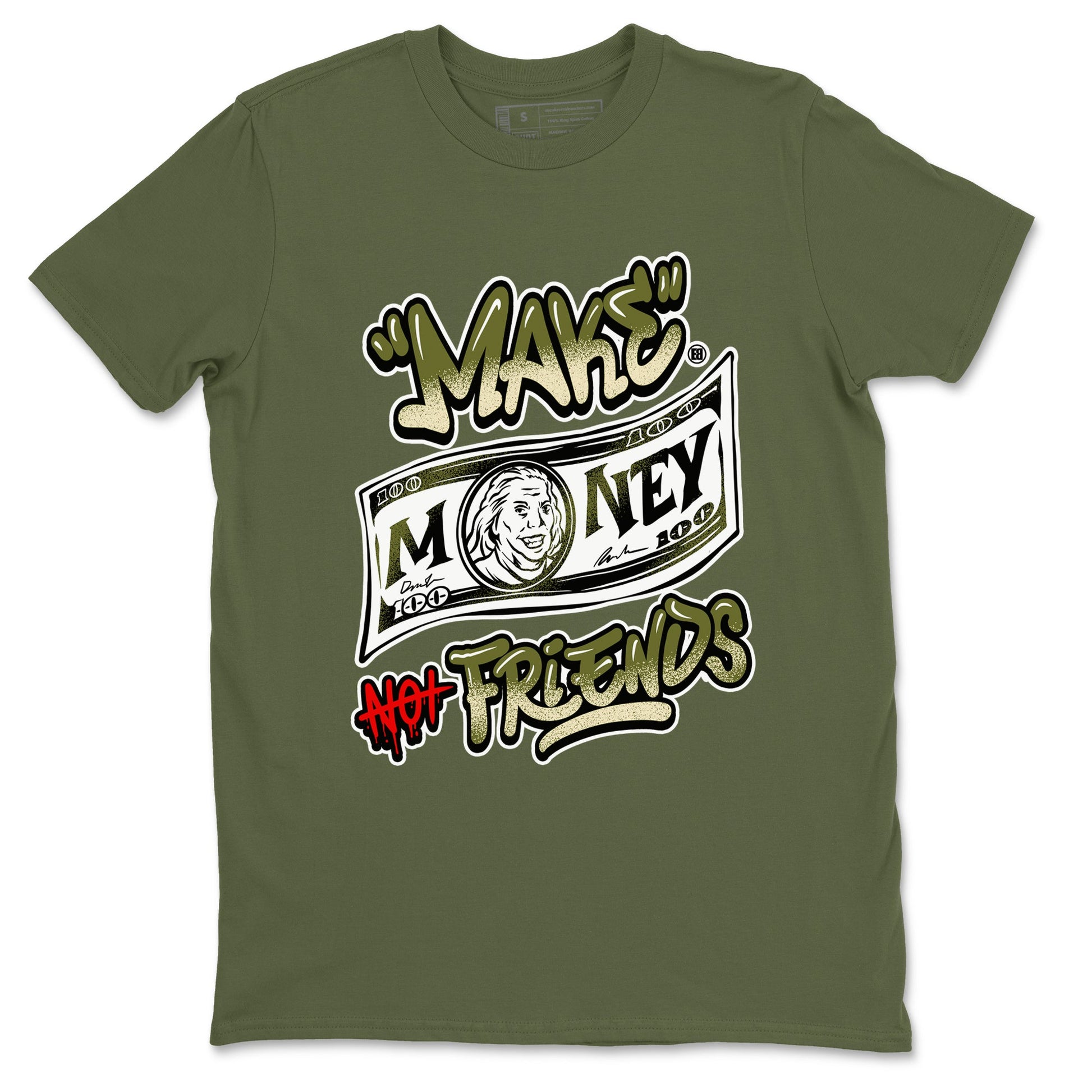 1s Travis Scott Medium Olive shirts to match jordans Make Money Not Friends sneaker match tees Air Jordan 1 Travis Scott Medium Olive SNRT Sneaker Tees streetwear brand Military Green 2 unisex cotton tee