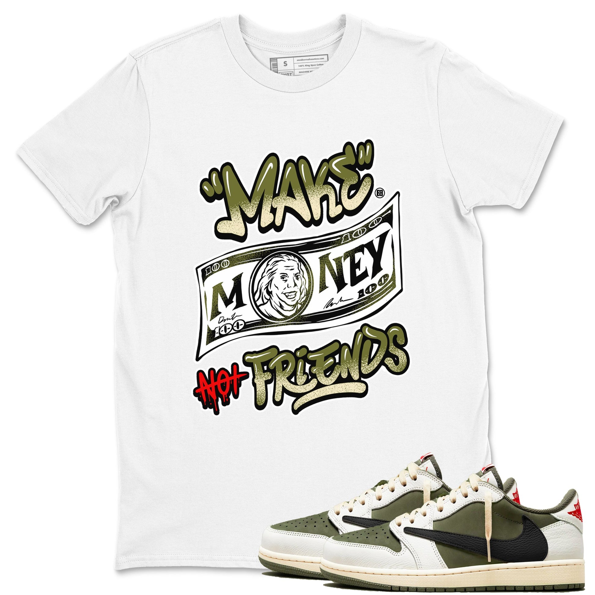 1s Travis Scott Medium Olive shirts to match jordans Make Money Not Friends sneaker match tees Air Jordan 1 Travis Scott Medium Olive SNRT Sneaker Tees streetwear brand White 1 unisex cotton tee