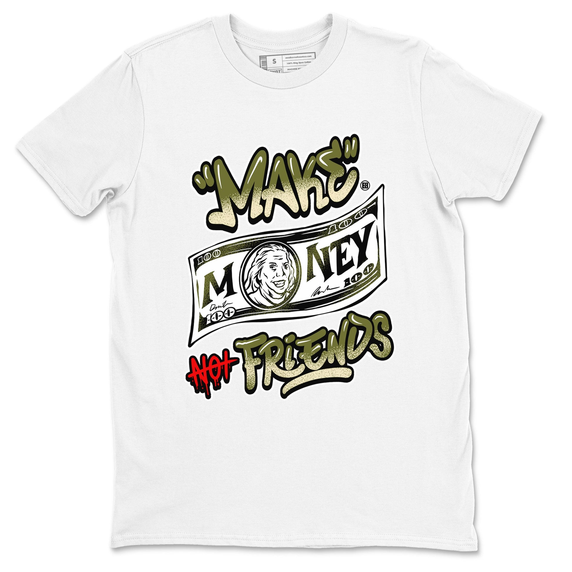 1s Travis Scott Medium Olive shirts to match jordans Make Money Not Friends sneaker match tees Air Jordan 1 Travis Scott Medium Olive SNRT Sneaker Tees streetwear brand White 2 unisex cotton tee