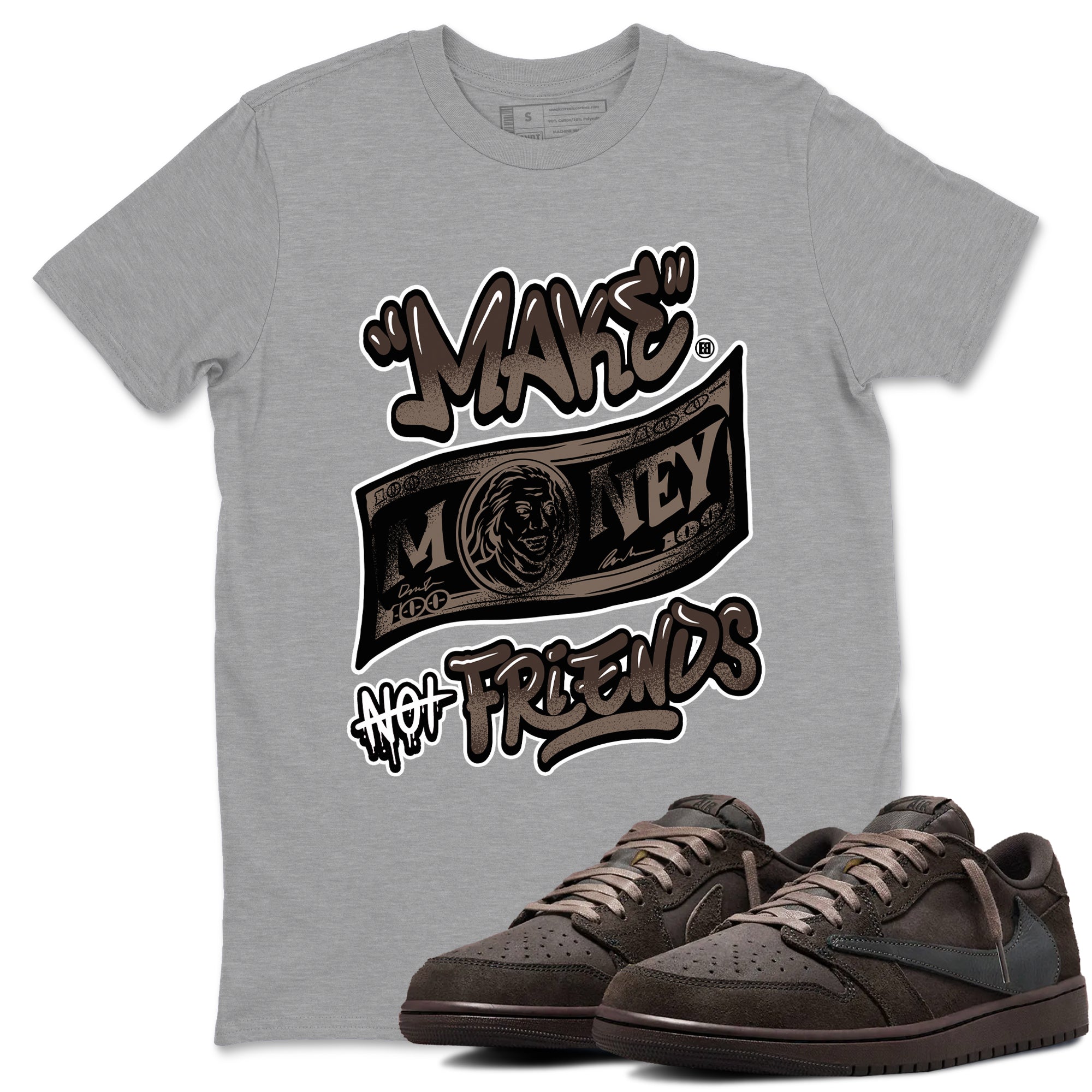 AJ1 Travis Scott Velvet Brown and Dark Mocha shirts to match jordans Make Money Not Friends sneaker match tees 1s Travis Scott Velvet Brown match shoes to clothes SNRT Sneaker Tees unisex cotton Heather Grey 1 shirts