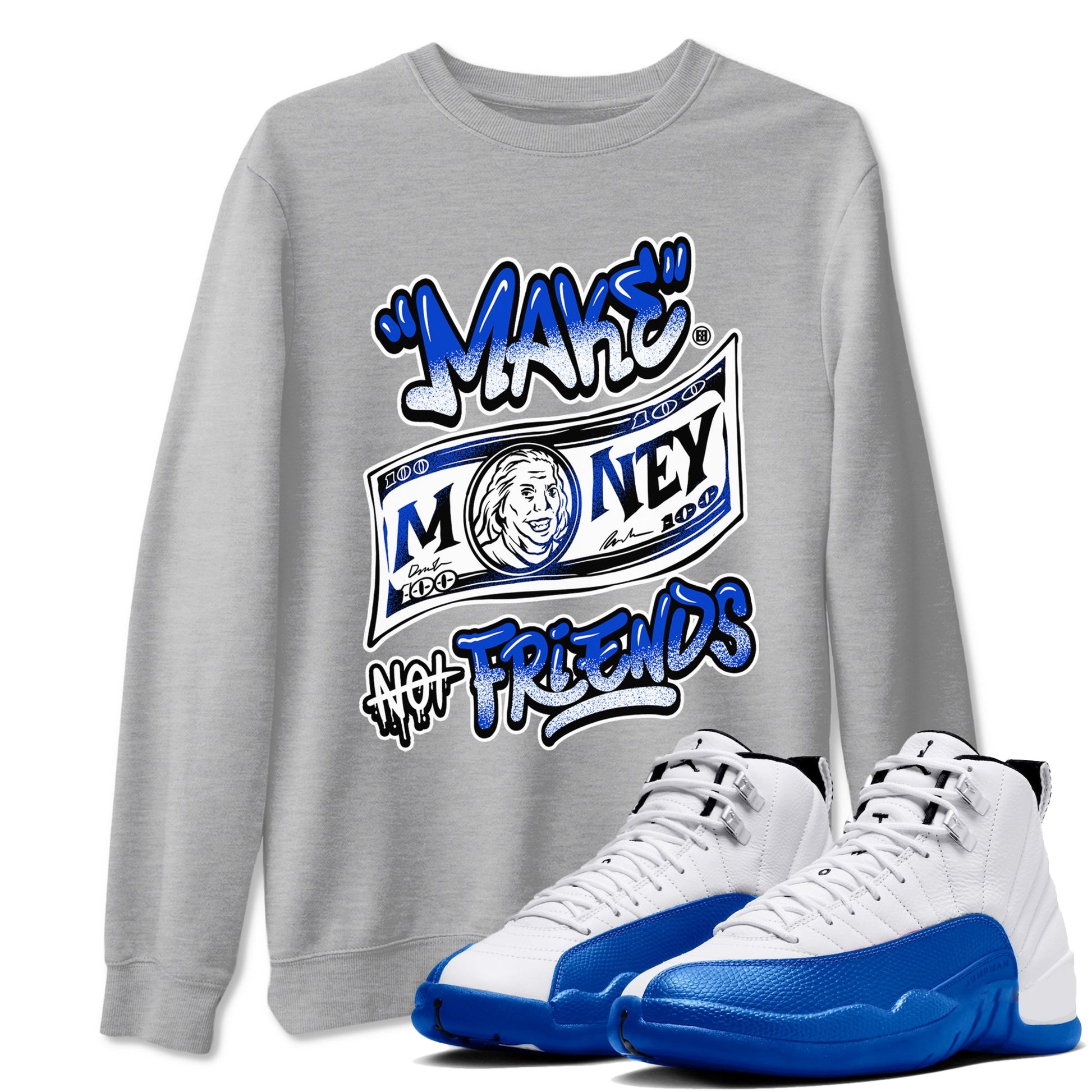 12s Blueberry shirts to match jordans Make Money Not Friends sneaker match tees Air Jordan 12 Blueberry SNRT Sneaker Release Tees unisex cotton Heather Grey 1 crew neck shirts