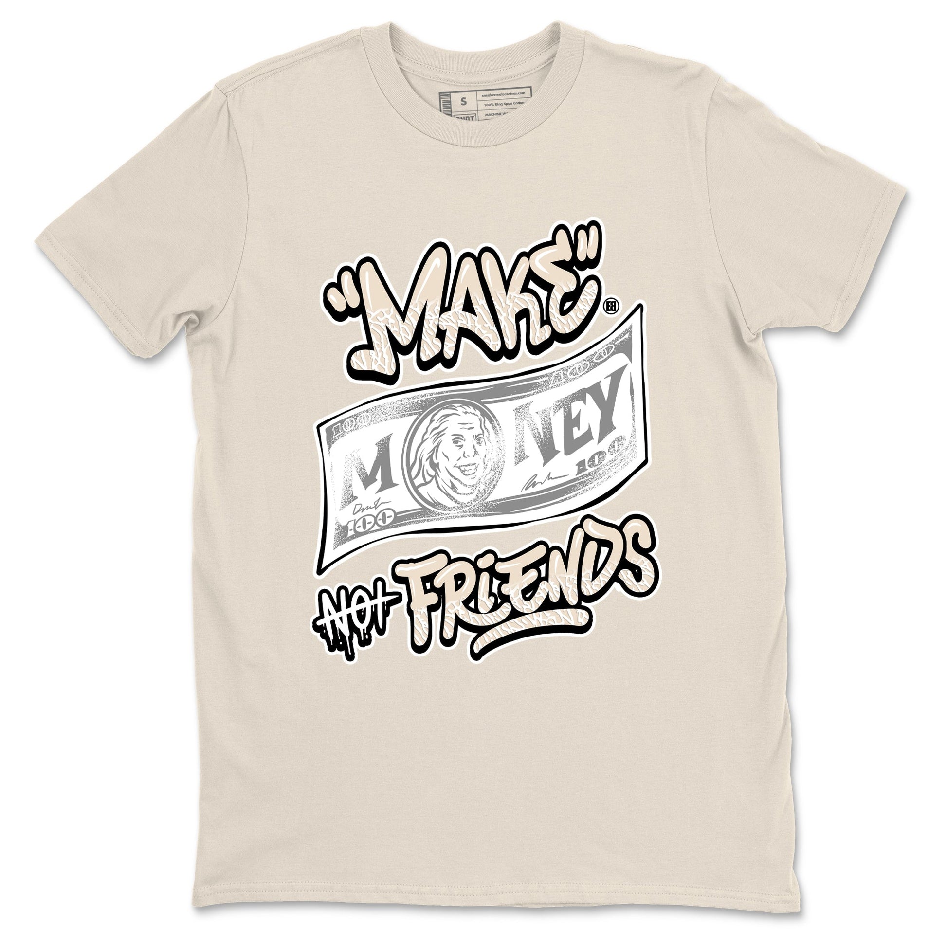 Make Money Not Friends sneaker match t-shirt styled to complete your fit with the Air Jordan 3 Pure Money sneakers, shown in Natural 2.