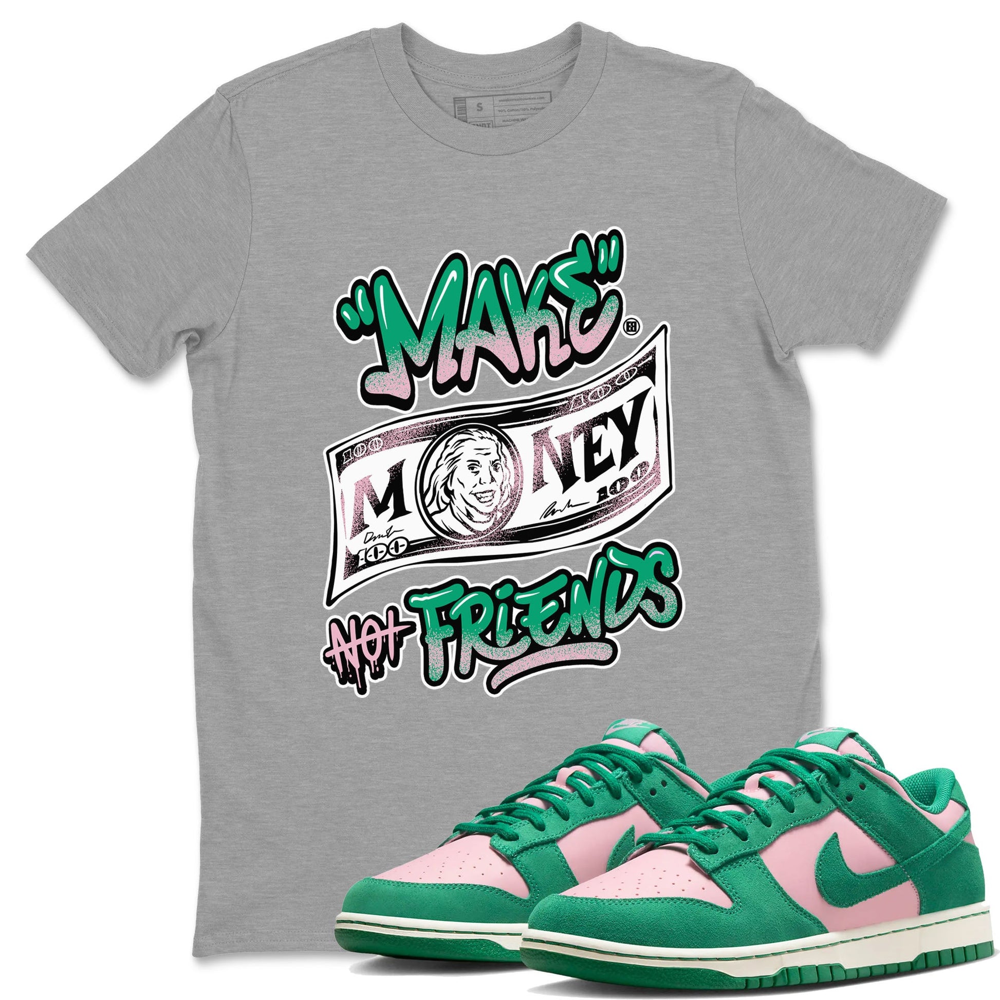 Dunk Low Medium Soft Pink Malachite shirt to match jordans Make Money Not Friends sneaker tees Dunks Medium Soft Pink Malachite Streetwear Brand SNRT Sneaker Release Tees unisex cotton Heather Grey 1 crew neck shirt