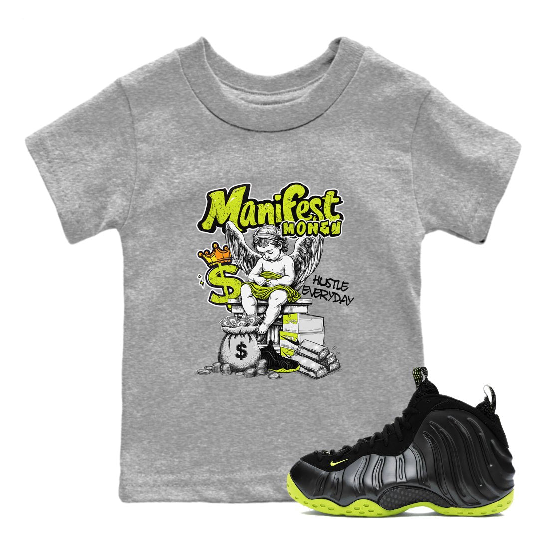 Foams One Black Volt shirts to match jordans Manifest Money sneaker match tees Air Foamposite One Black and Volt match shoes to clothes SNRT Sneaker Tees Youth Baby Heather Grey 1 tee