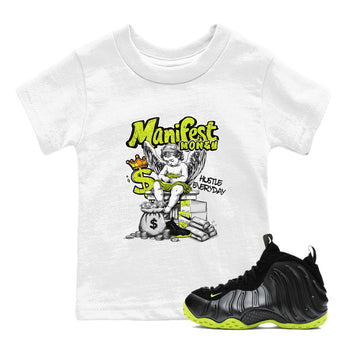 Foams One Black Volt shirts to match jordans Manifest Money sneaker match tees Air Foamposite One Black and Volt match shoes to clothes SNRT Sneaker Tees Youth Baby White 1 tee