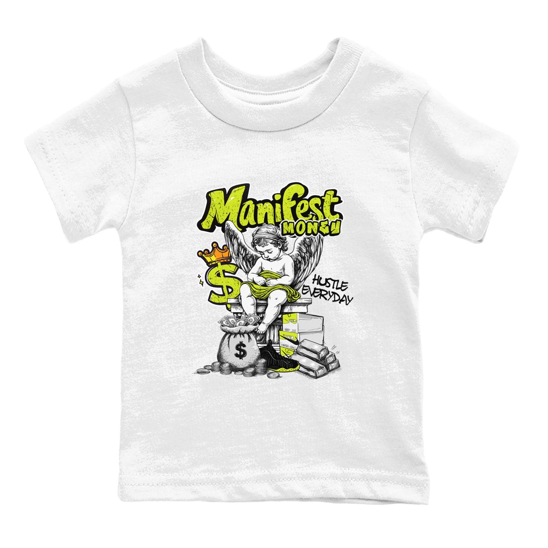 Foams One Black Volt shirts to match jordans Manifest Money sneaker match tees Air Foamposite One Black and Volt match shoes to clothes SNRT Sneaker Tees Youth Baby White 2 tee