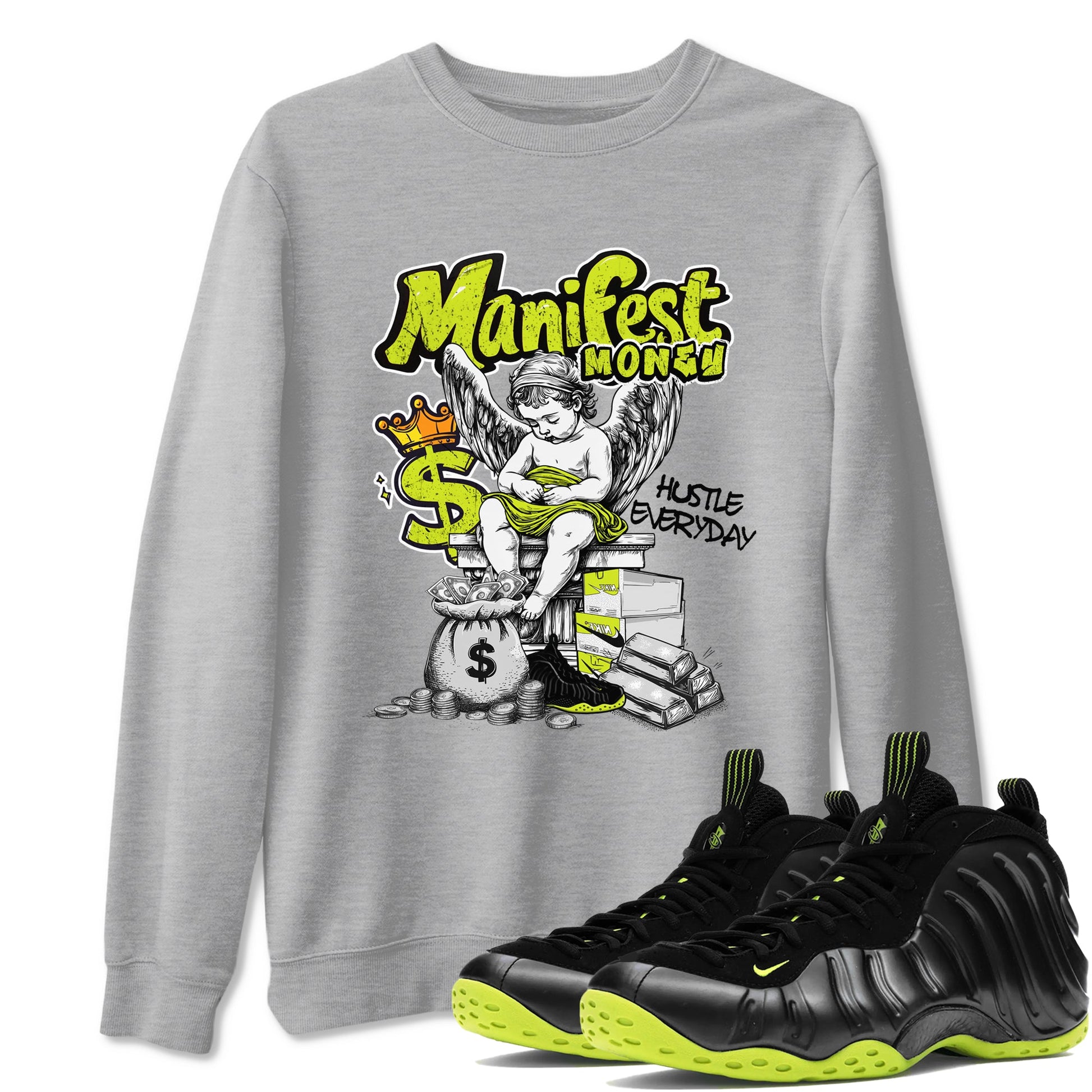 Foams One Black Volt shirts to match jordans Manifest Money sneaker match tees Air Foamposite One Black and Volt match shoes to clothes SNRT Sneaker Tees unisex cotton Heather Grey 1 shirts