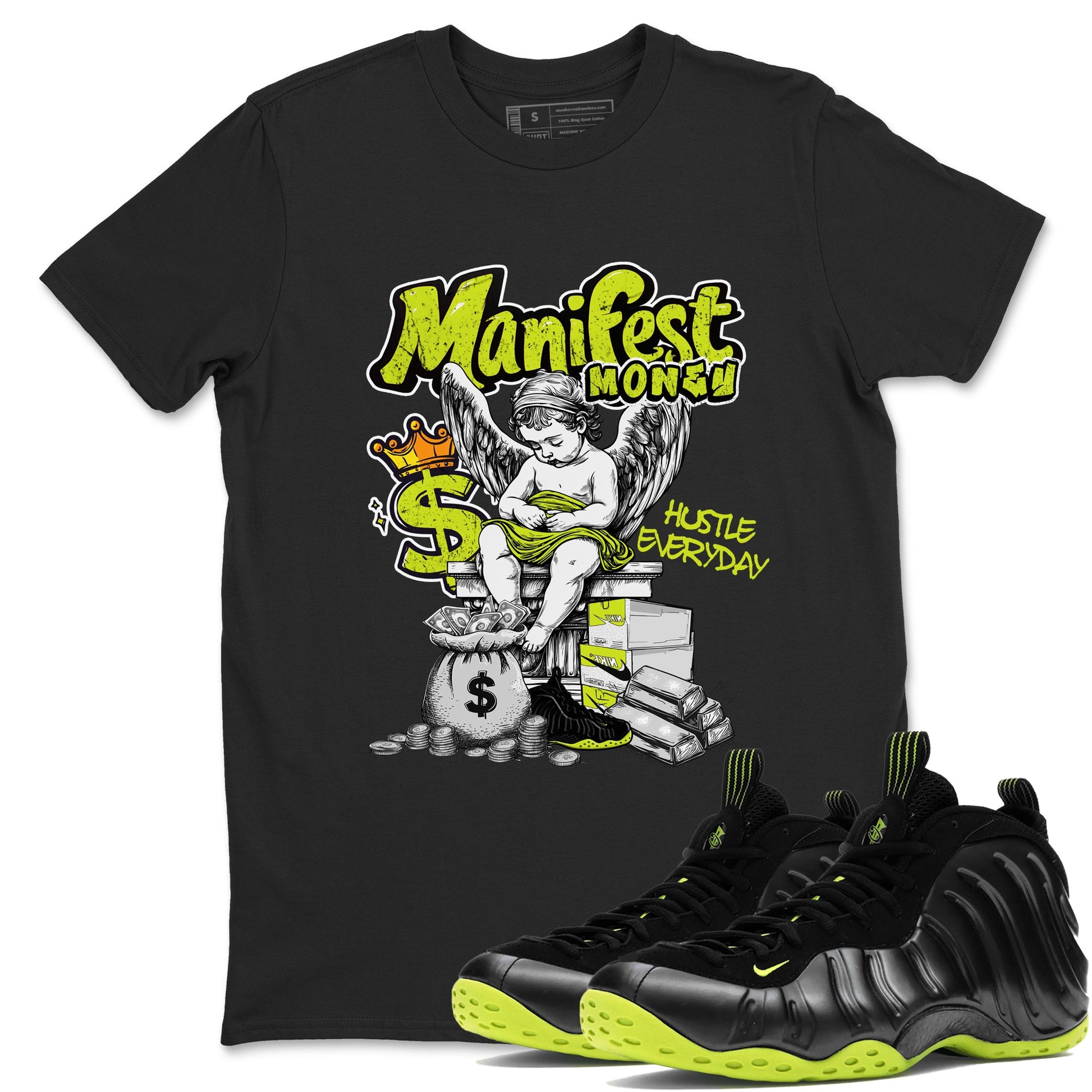 Foams One Black Volt shirts to match jordans Manifest Money sneaker match tees Air Foamposite One Black and Volt match shoes to clothes SNRT Sneaker Tees unisex cotton Black 1 shirts