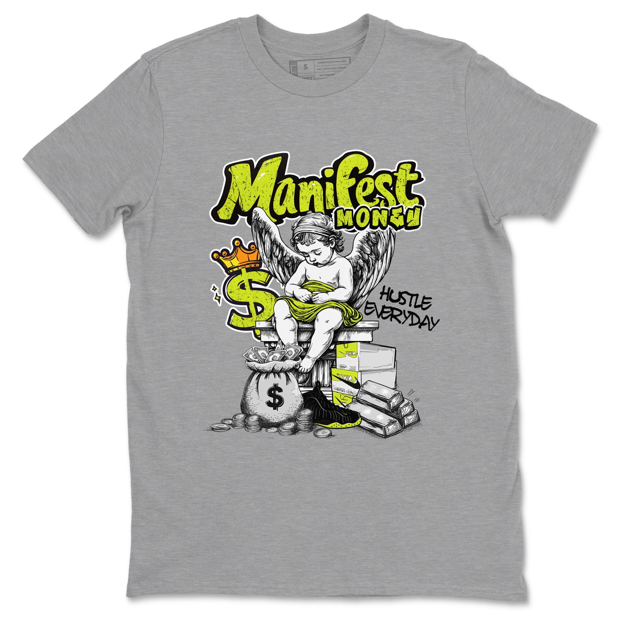 Foams One Black Volt shirts to match jordans Manifest Money sneaker match tees Air Foamposite One Black and Volt match shoes to clothes SNRT Sneaker Tees unisex cotton Heather Grey 2 shirts