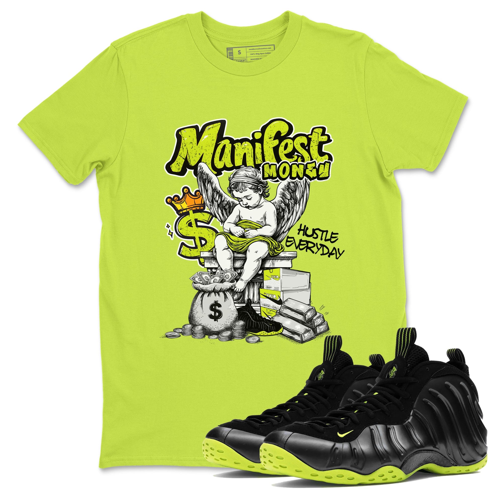 Foams One Black Volt shirts to match jordans Manifest Money sneaker match tees Air Foamposite One Black and Volt match shoes to clothes SNRT Sneaker Tees unisex cotton Safety Green 1 shirts