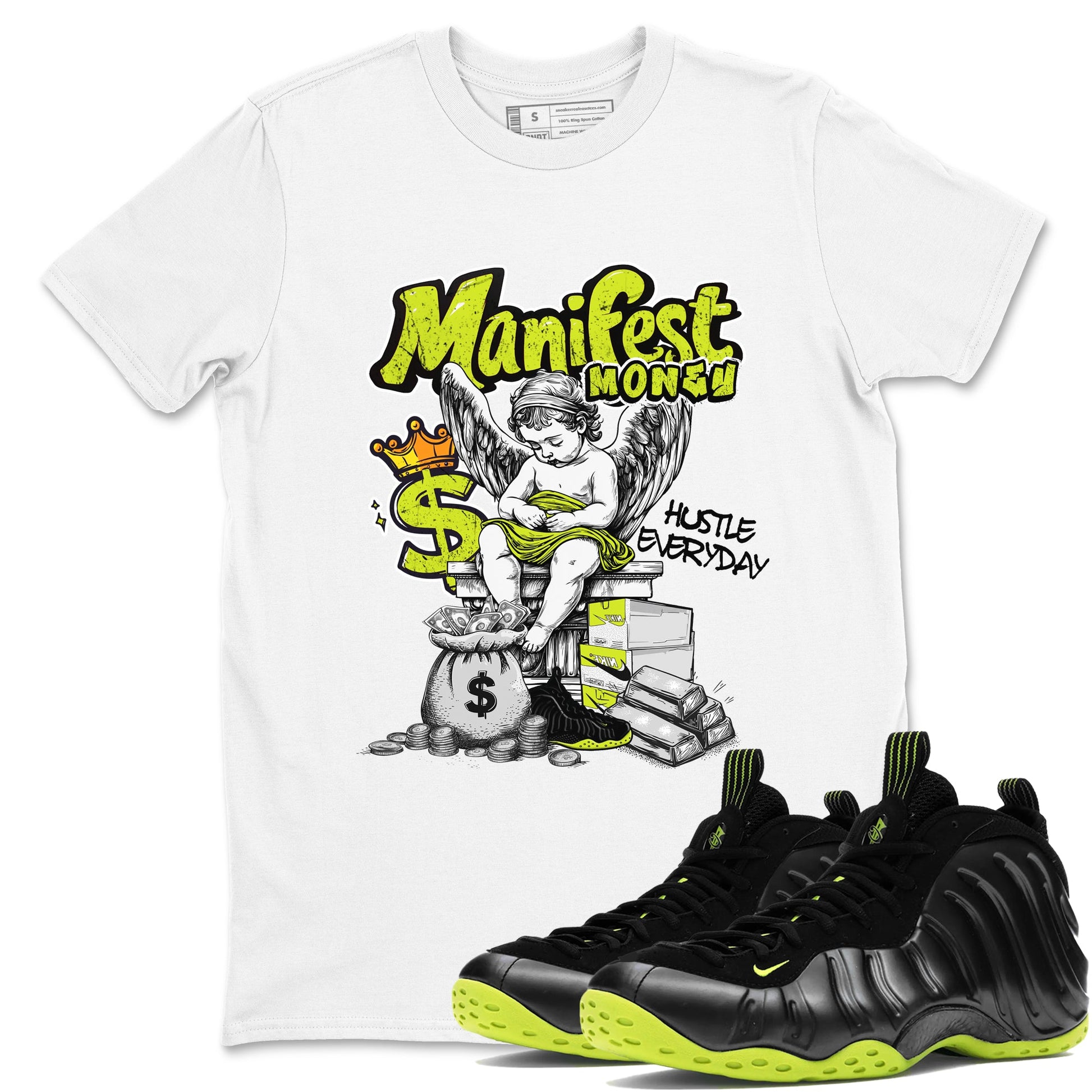 Foams One Black Volt shirts to match jordans Manifest Money sneaker match tees Air Foamposite One Black and Volt match shoes to clothes SNRT Sneaker Tees unisex cotton White 1 shirts