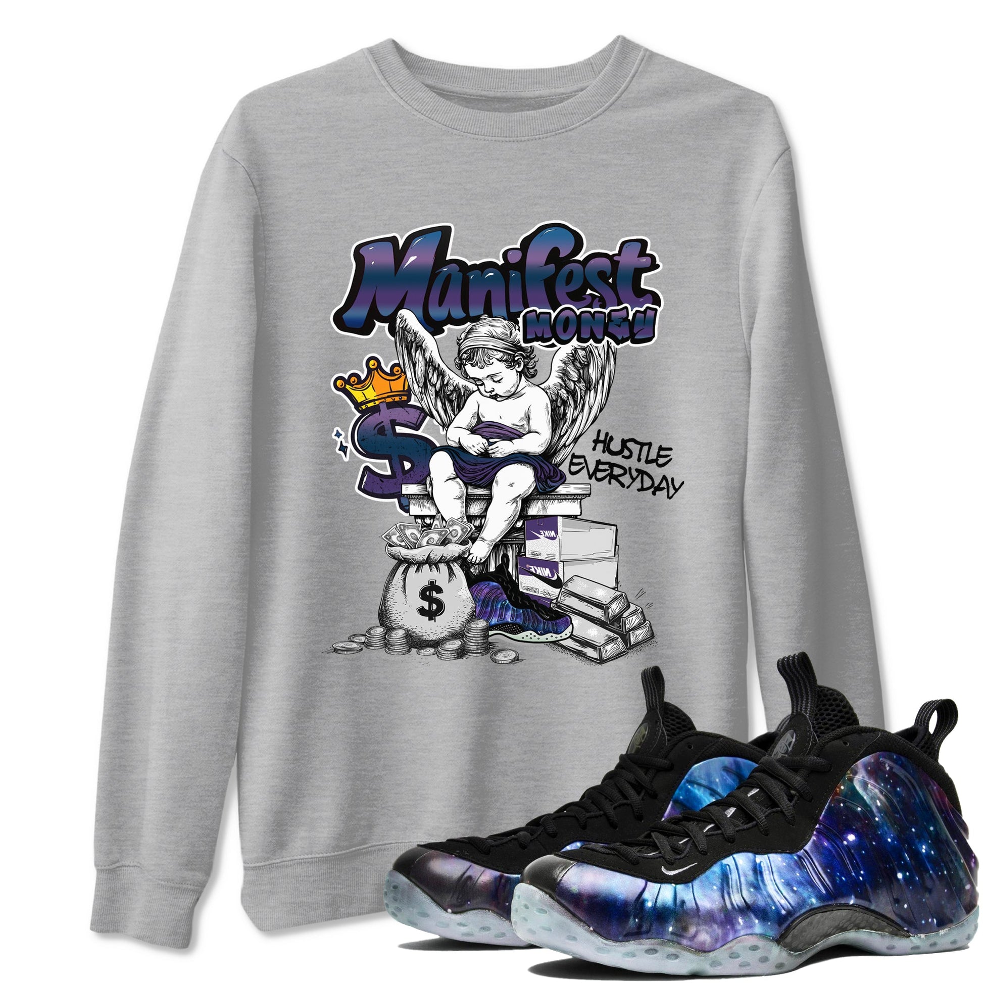 Foams One Galaxy shirts to match jordans Manifest Money best t shirts to wear with jordans Air Foamposite One Galaxy match shoes to clothes SNRT Sneaker Tees unisex cotton Heather Grey 1 shirts