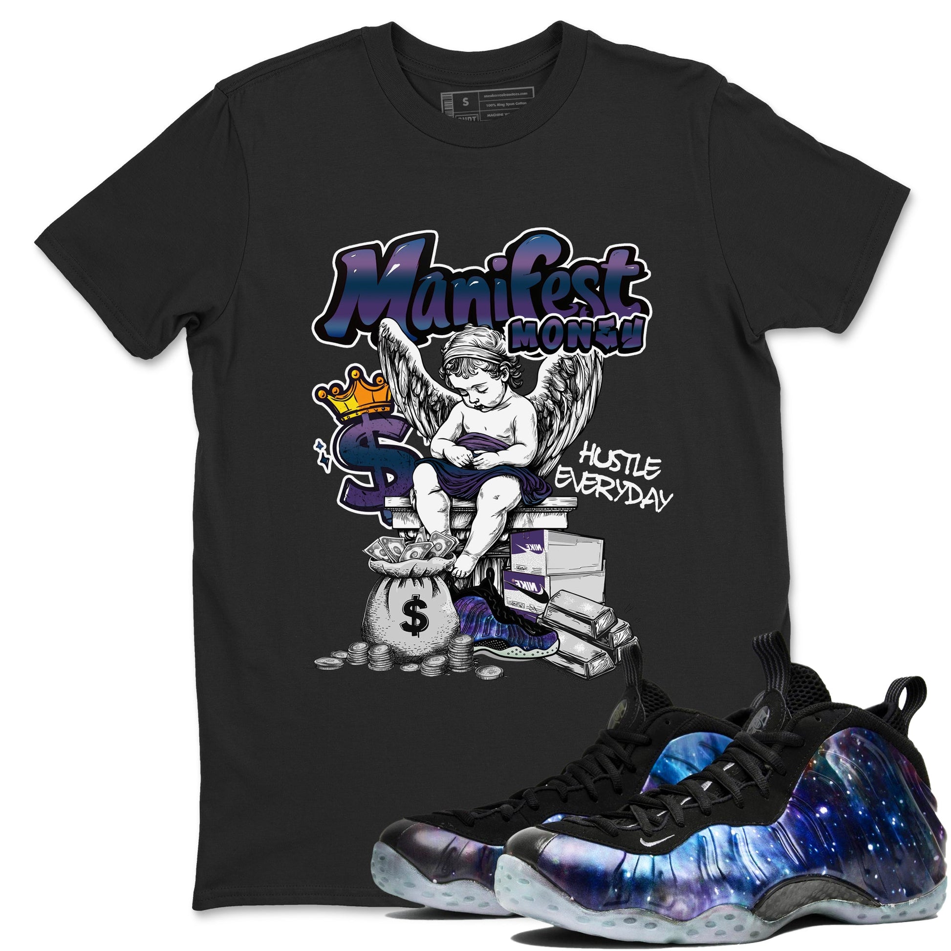 Foams One Galaxy shirts to match jordans Manifest Money best t shirts to wear with jordans Air Foamposite One Galaxy match shoes to clothes SNRT Sneaker Tees unisex cotton Black 1 shirts