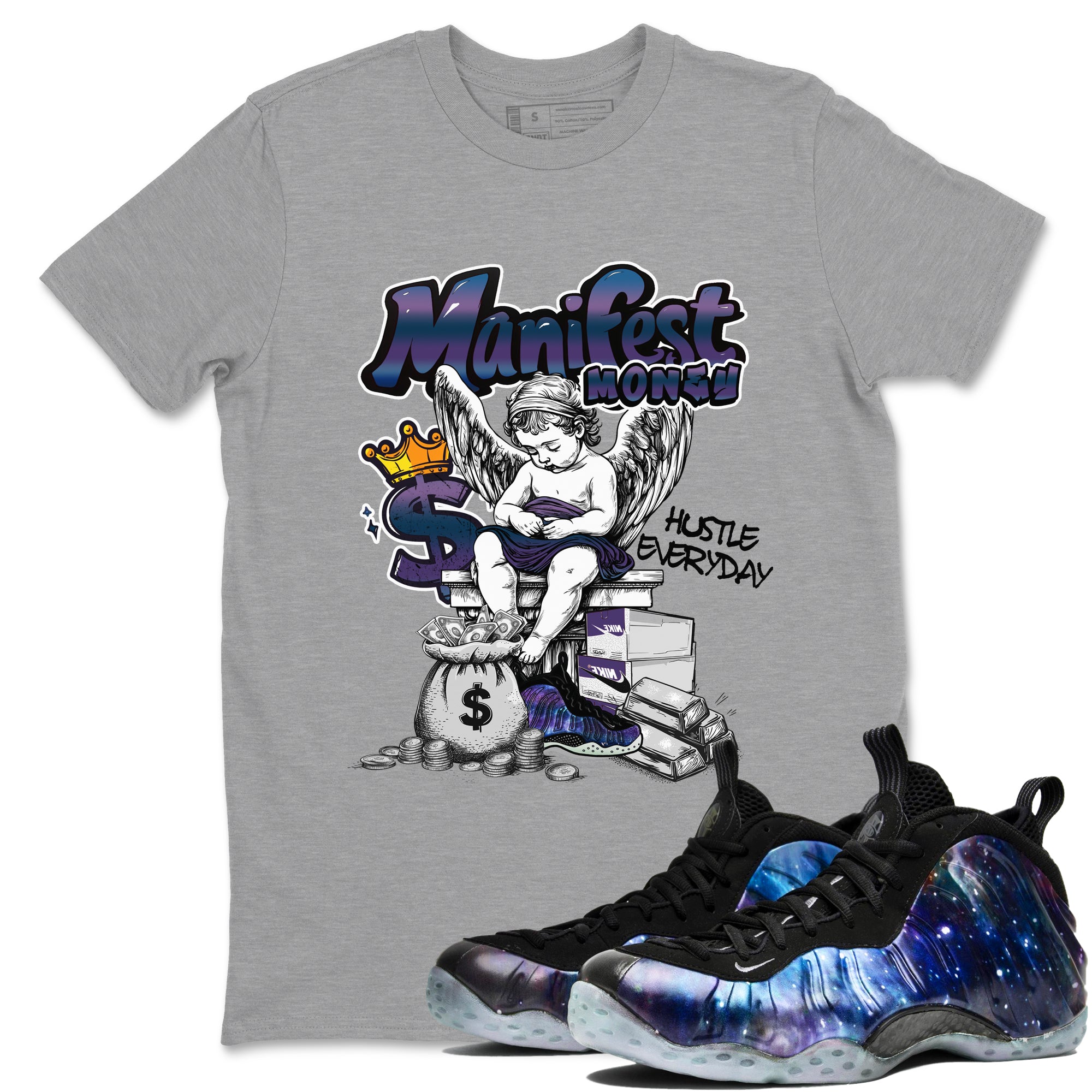 Foams One Galaxy shirts to match jordans Manifest Money best t shirts to wear with jordans Air Foamposite One Galaxy match shoes to clothes SNRT Sneaker Tees unisex cotton Heather Grey 1 shirts