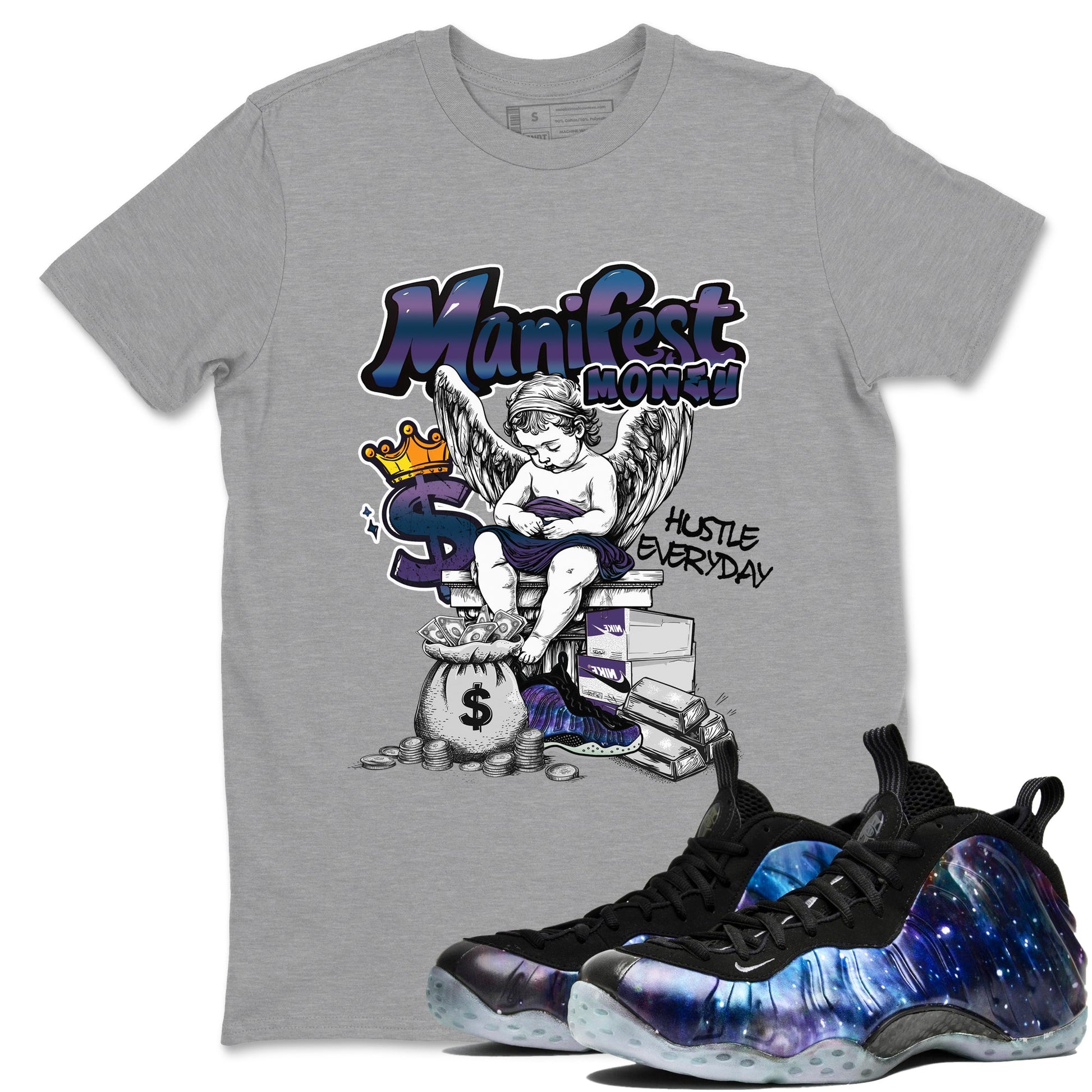 Foams One Galaxy shirts to match jordans Manifest Money best t shirts to wear with jordans Air Foamposite One Galaxy match shoes to clothes SNRT Sneaker Tees unisex cotton Heather Grey 1 shirts