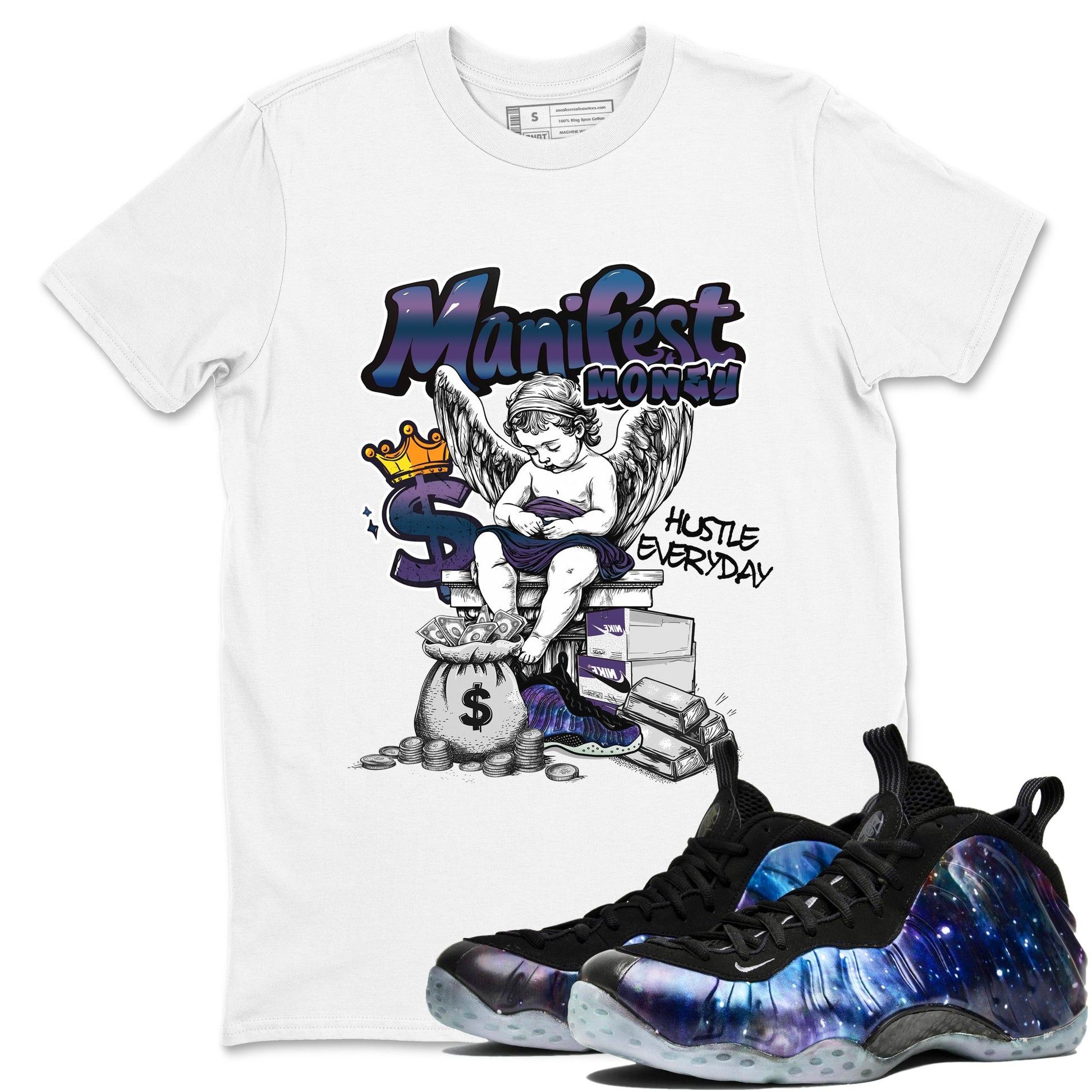 Foams One Galaxy shirts to match jordans Manifest Money best t shirts to wear with jordans Air Foamposite One Galaxy match shoes to clothes SNRT Sneaker Tees unisex cotton White 1 shirts