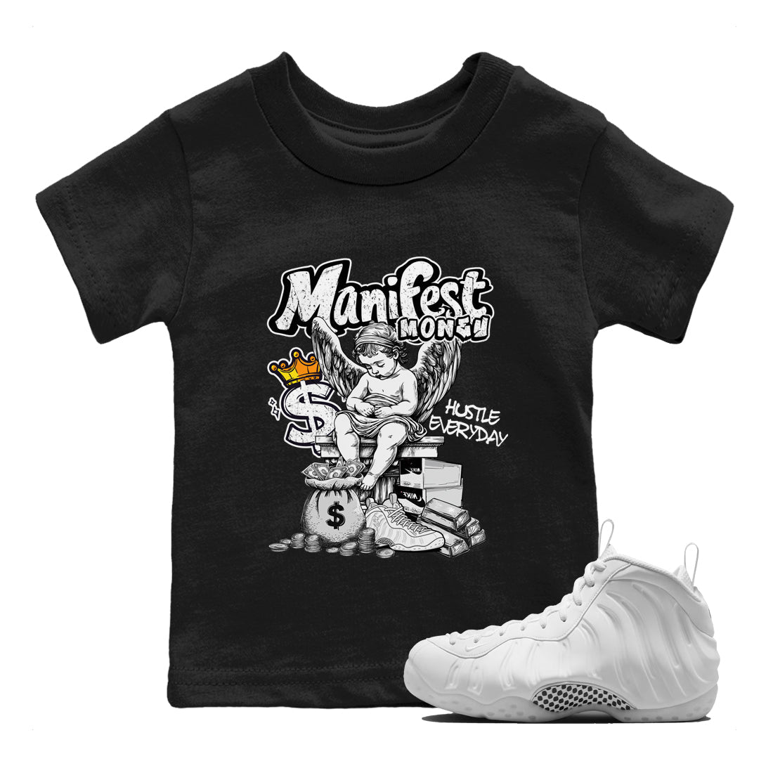 Manifest Money baby and kids t-shirt crafted for little sneakerheads to shine with the Air Foamposite One Triple White sneakers, displayed in Black 1.