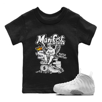 Manifest Money baby and kids t-shirt crafted for little sneakerheads to shine with the Air Foamposite One Triple White sneakers, displayed in Black 1.