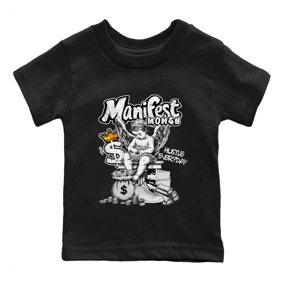 Manifest Money baby and kids t-shirt crafted for little sneakerheads to shine with the Air Foamposite One Triple White sneakers, displayed in Black 2.