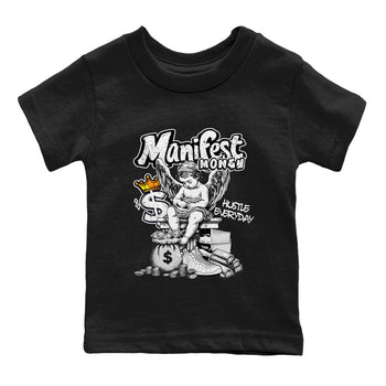 Manifest Money baby and kids t-shirt crafted for little sneakerheads to shine with the Air Foamposite One Triple White sneakers, displayed in Black 2.