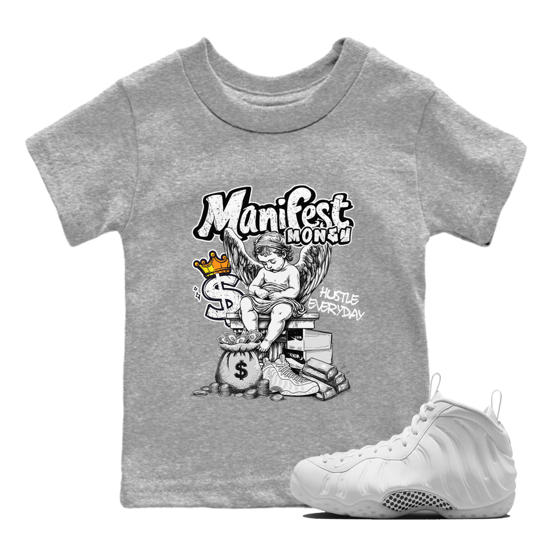 Manifest Money baby and kids t-shirt crafted for little sneakerheads to shine with the Air Foamposite One Triple White sneakers, displayed in Heather Grey 1.