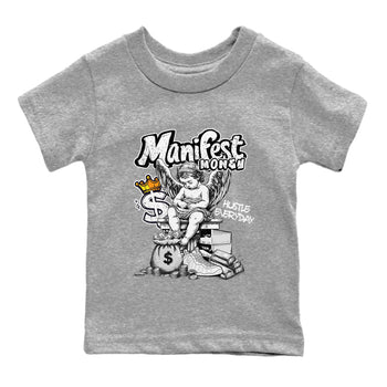 Manifest Money baby and kids t-shirt crafted for little sneakerheads to shine with the Air Foamposite One Triple White sneakers, displayed in Heather Grey 2.
