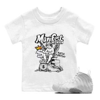 Manifest Money baby and kids t-shirt crafted for little sneakerheads to shine with the Air Foamposite One Triple White sneakers, displayed in White 1.