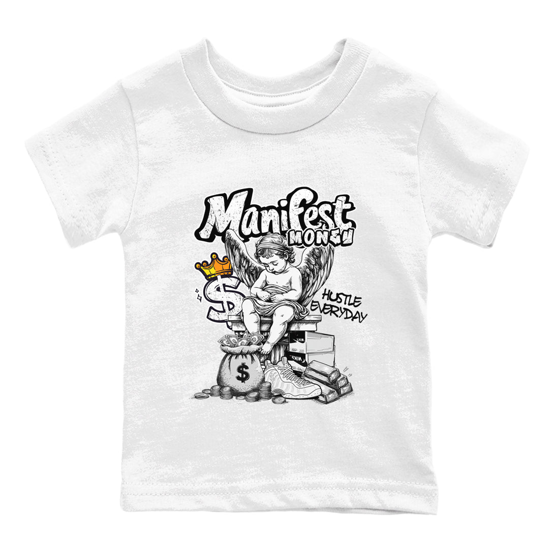 Manifest Money baby and kids t-shirt crafted for little sneakerheads to shine with the Air Foamposite One Triple White sneakers, displayed in White 2.