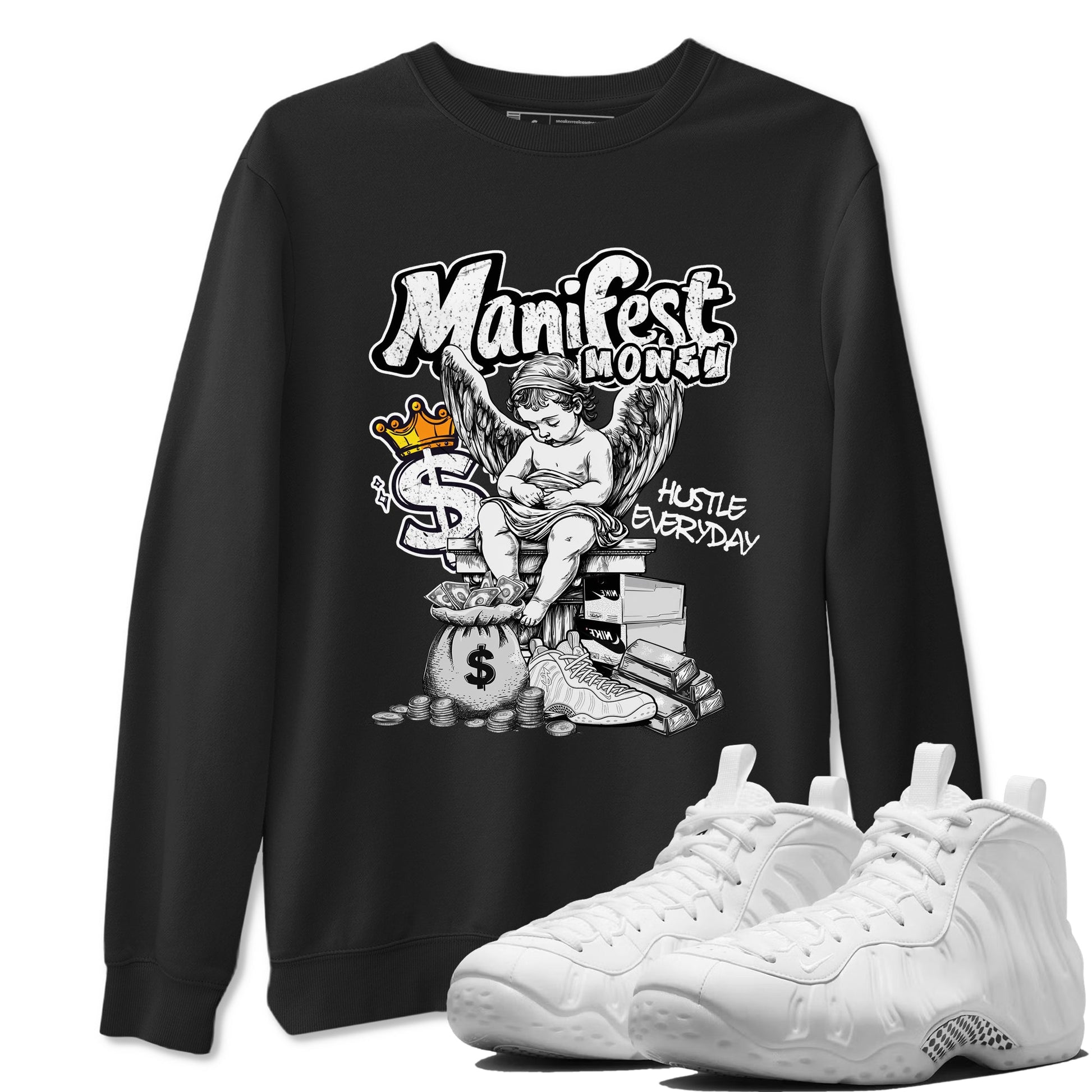 Manifest Money sneaker match t-shirt styled to complete your fit with the Air Foamposite One Triple White sneakers, shown in Black 1.