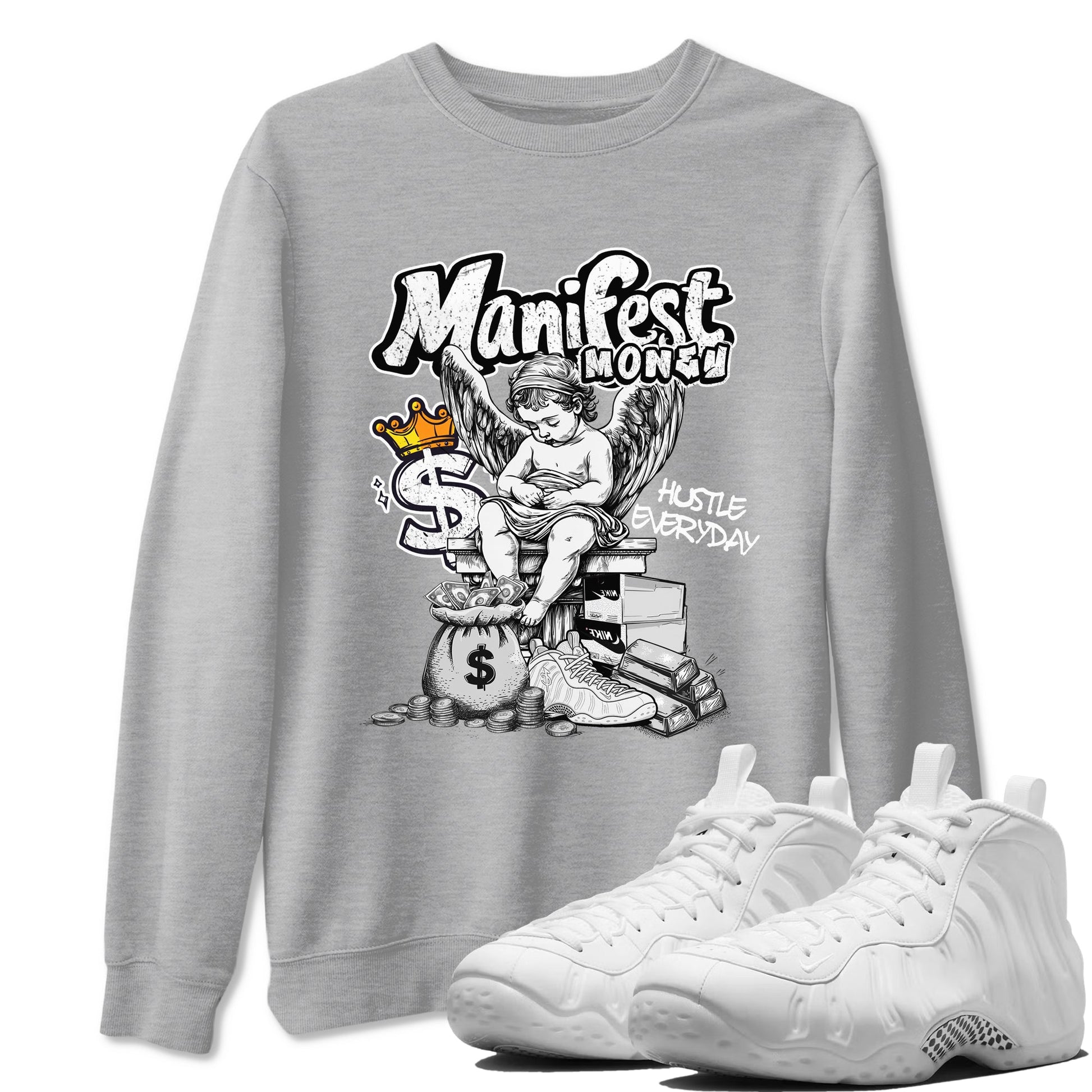 Manifest Money sneaker match t-shirt styled to complete your fit with the Air Foamposite One Triple White sneakers, shown in Heather Grey 1.