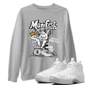 Manifest Money sneaker match t-shirt styled to complete your fit with the Air Foamposite One Triple White sneakers, shown in Heather Grey 1.